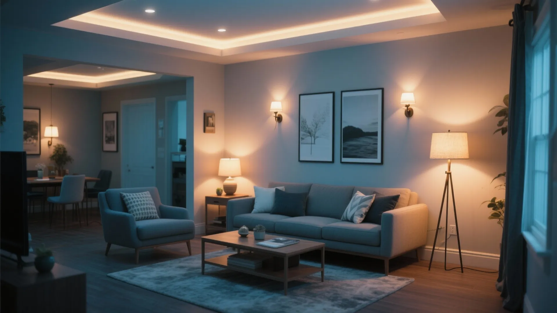 Modern living room with layered lighting using ceiling lights, wall lights, floor lamp and sofa