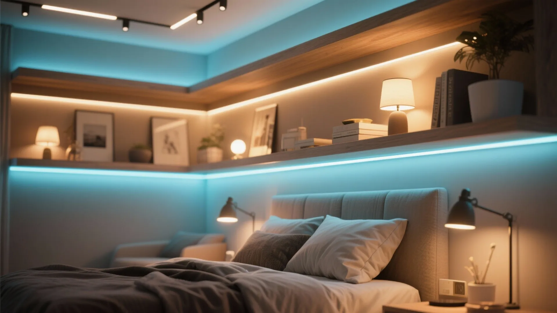 Layered lighting in bedroom with LED strips and lamps