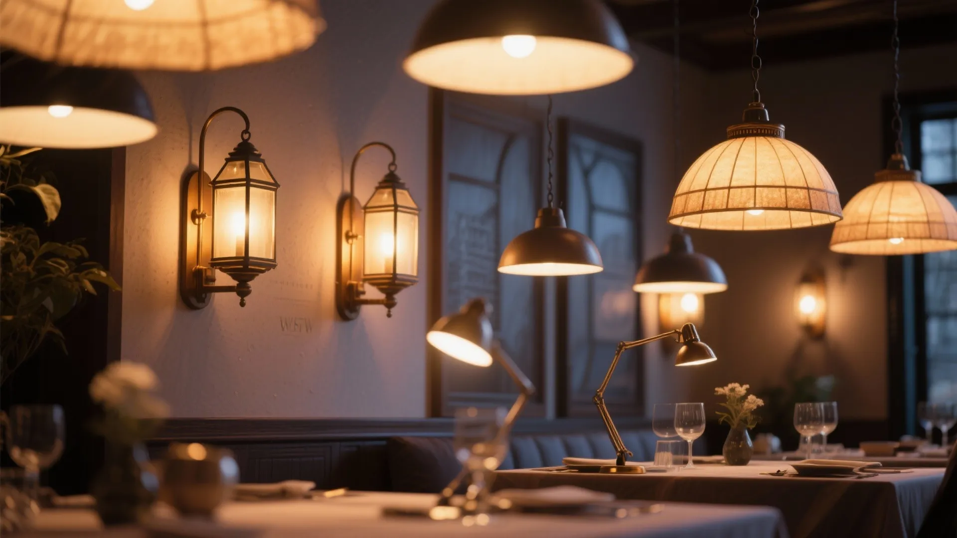 Dining area lighting layers including lanterns and sconces