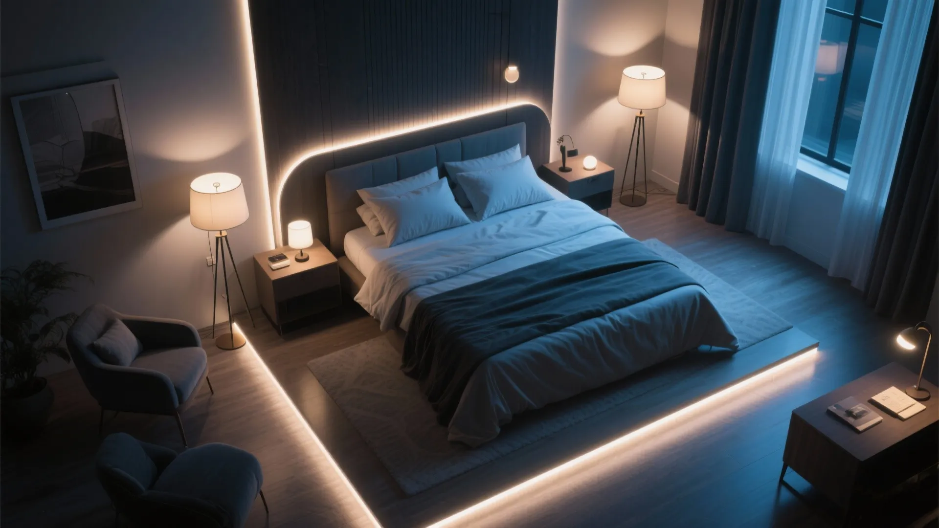 Bedroom with soft hidden lighting around the bed floor lamps and a cozy arm chair