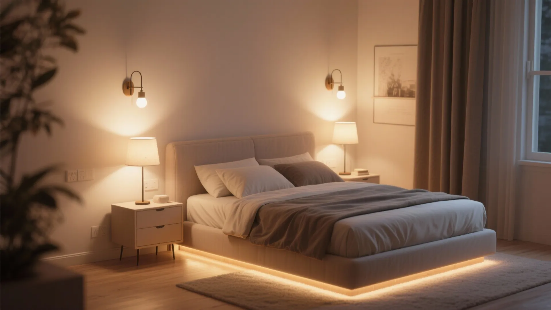 Modern bedroom with warm wall light and table lamps lighting a bed with under bed lights