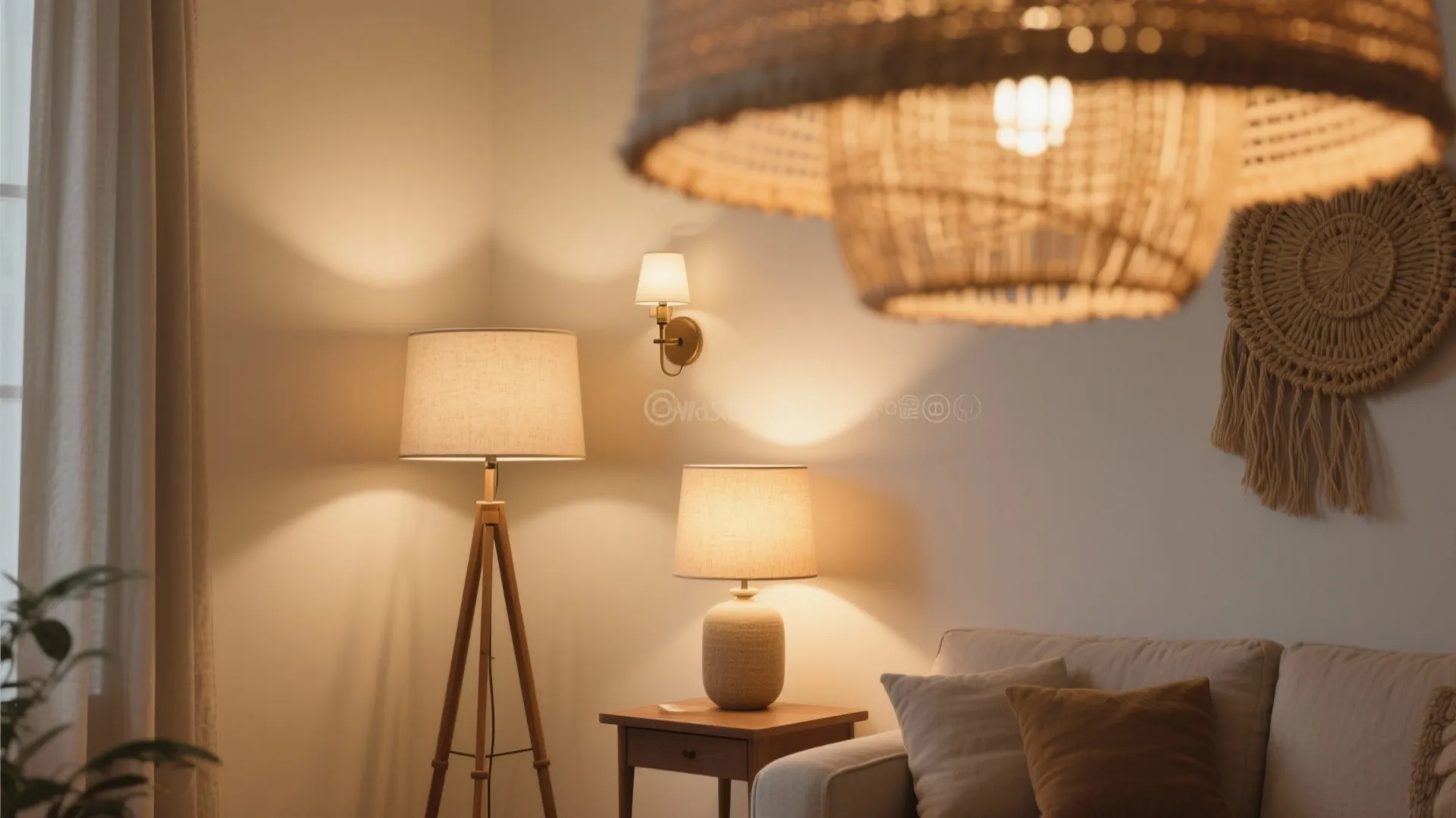 Warm living room corner featuring floor lamp table lamp wall light and woven ceiling light fixture