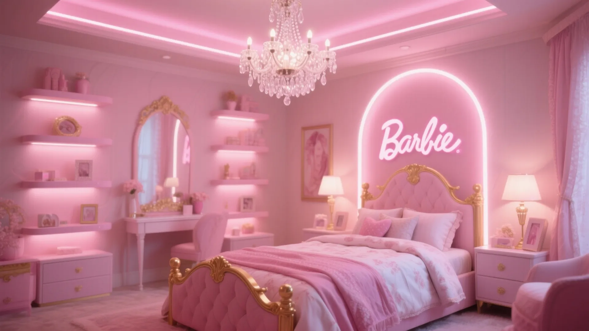 Pink bedroom with crystal ceiling light neon wall sign makeup desk pink bed and glowing shelves
