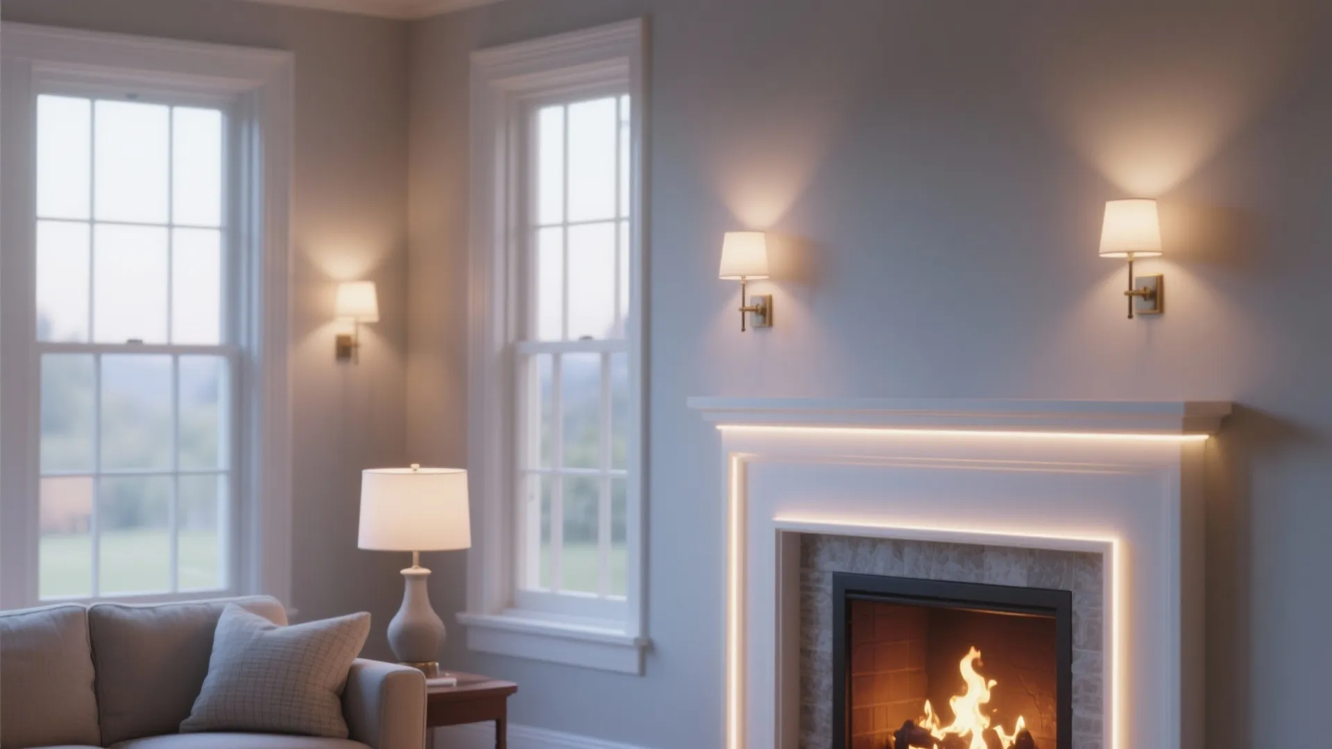 Modern living room with wall lights above fireplace white mantel table lamp and soft indoor lighting
