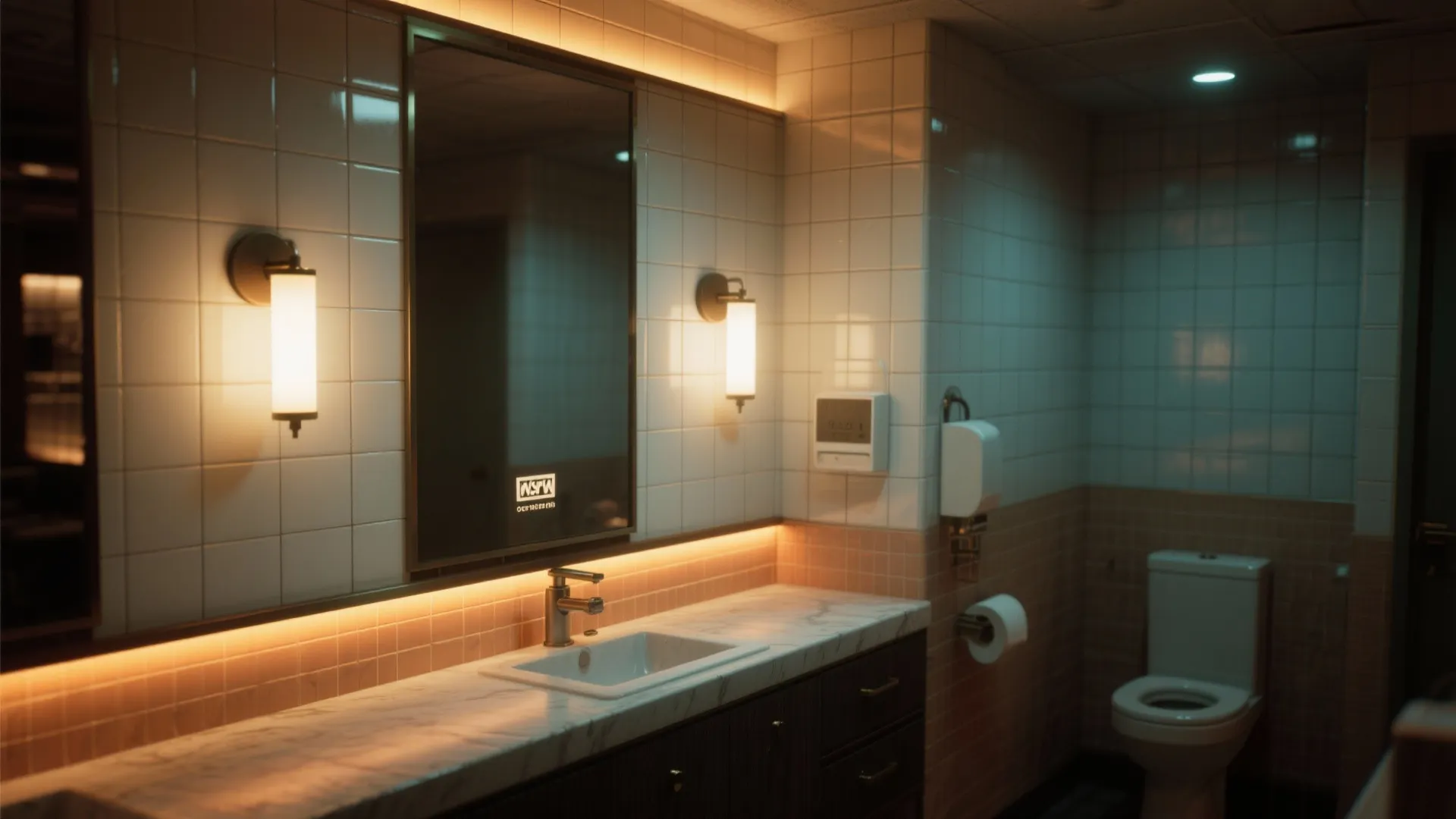 Layered warm lighting in a small restaurant bathroom