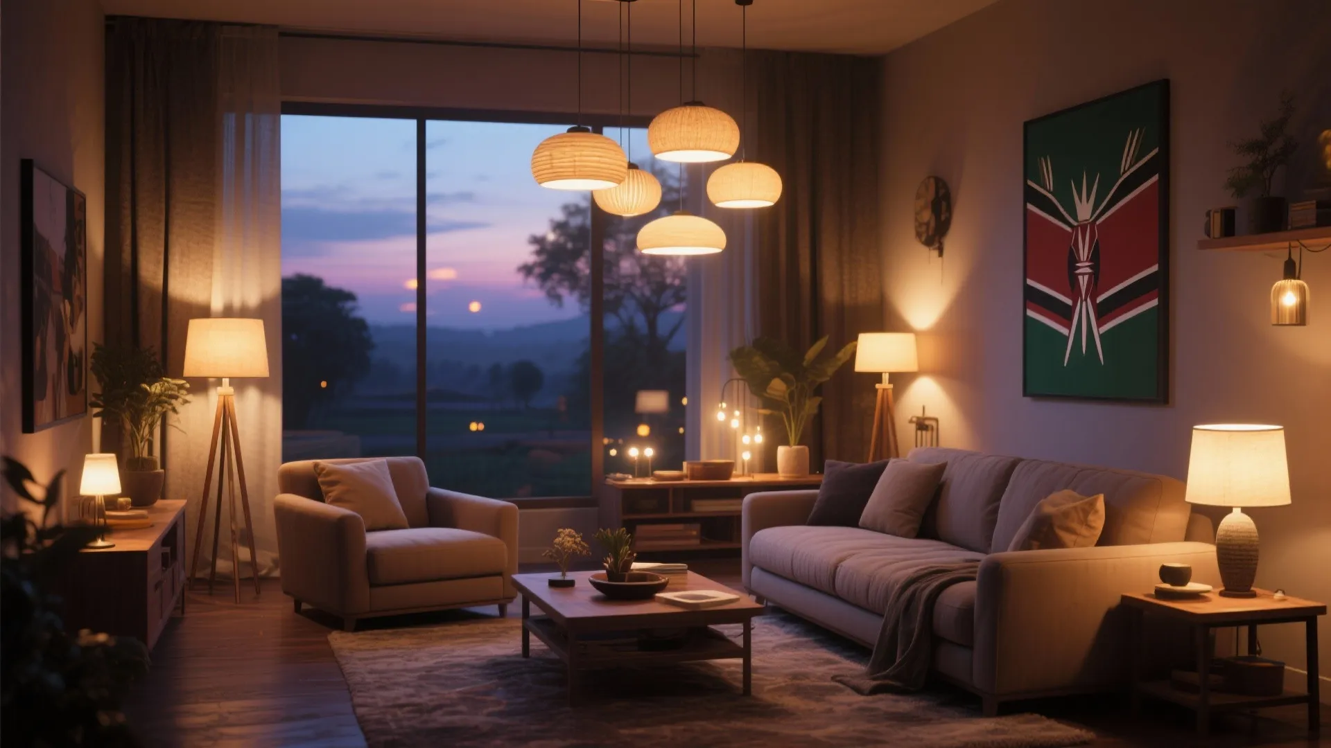 Evening living room with several warm light fixtures floor lamps ceiling lights and large window