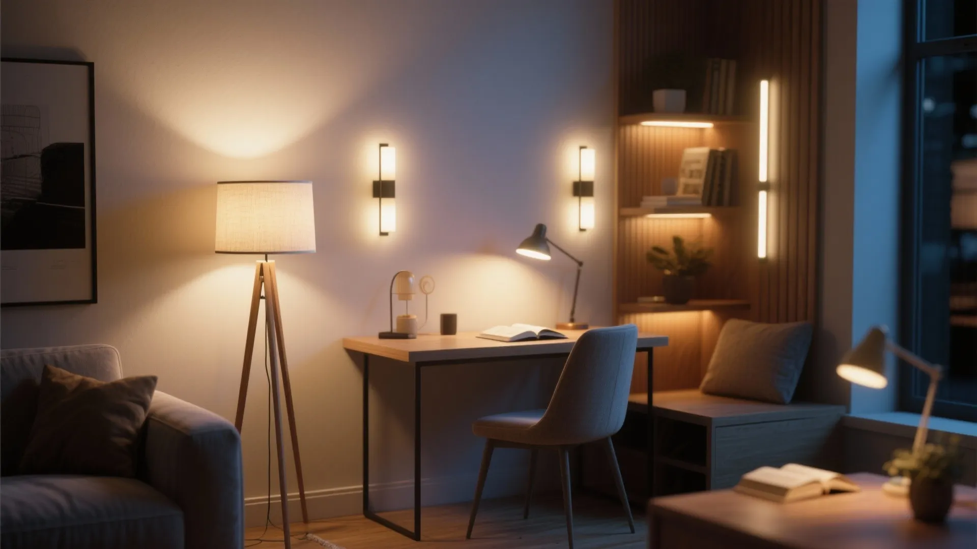 Home office desk with warm light from a floor lamp two wall lights and lamp