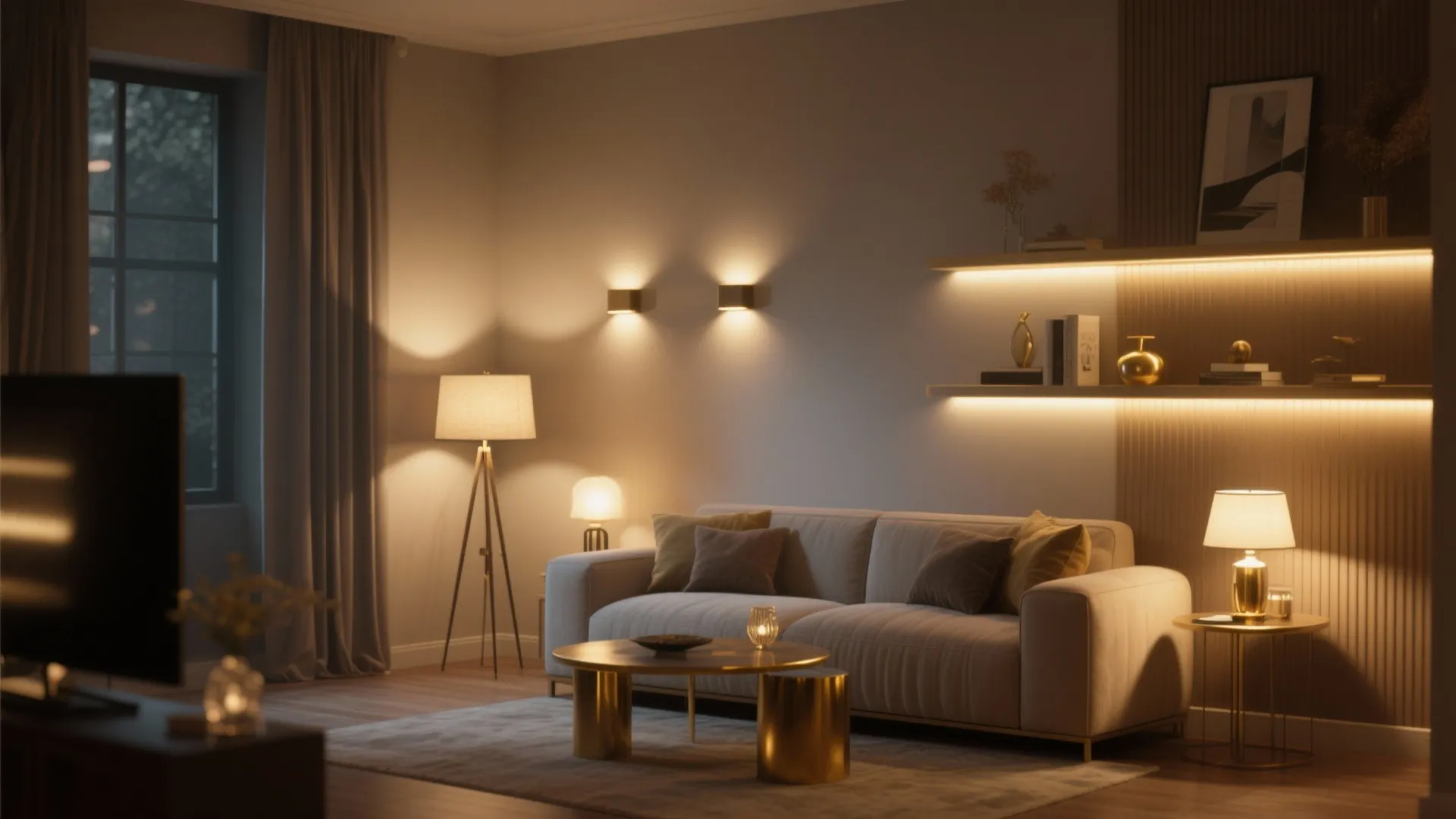 Cozy living room with beige sofa warm wall lights floor lamp and small table lamp