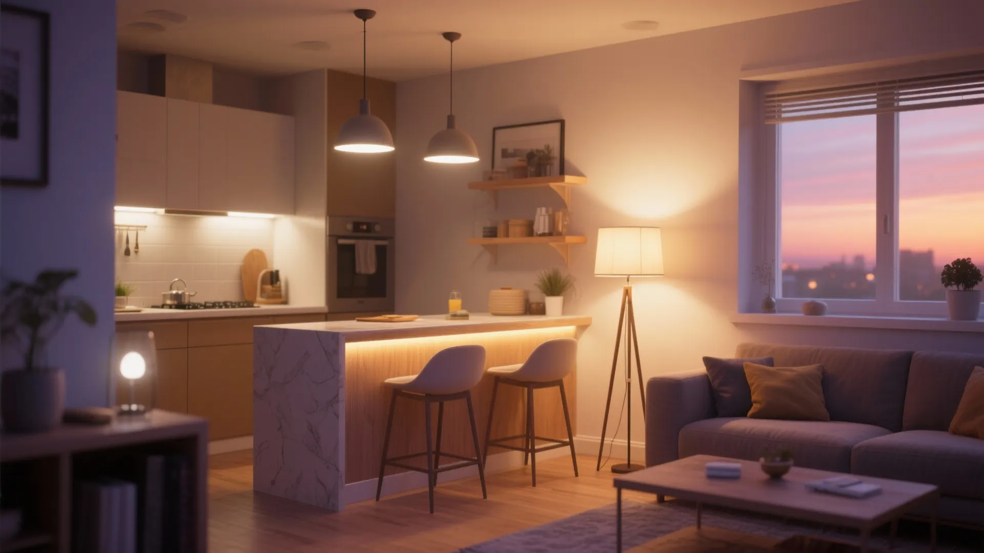Warm open plan living space with kitchen island stools floor lamp and cozy sofa at sunset