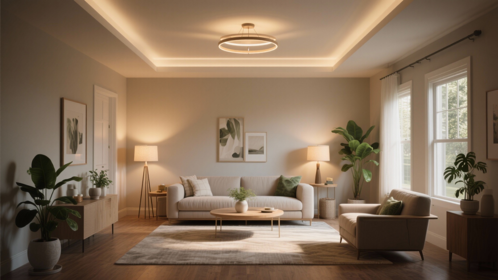 Living room with layered ceiling, floor and table lighting