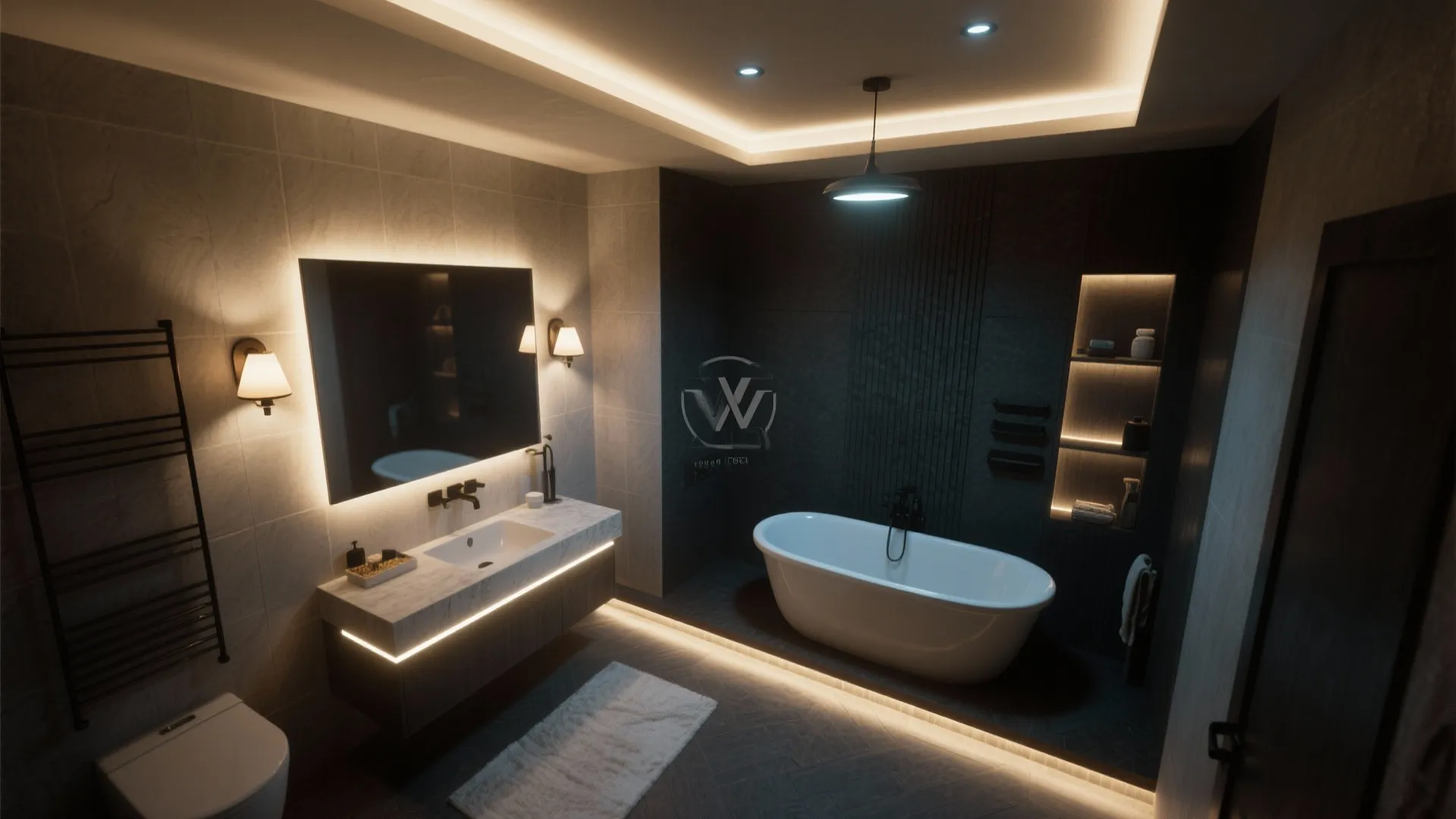 Top-down view of a moody bathroom with layered lighting sources.
