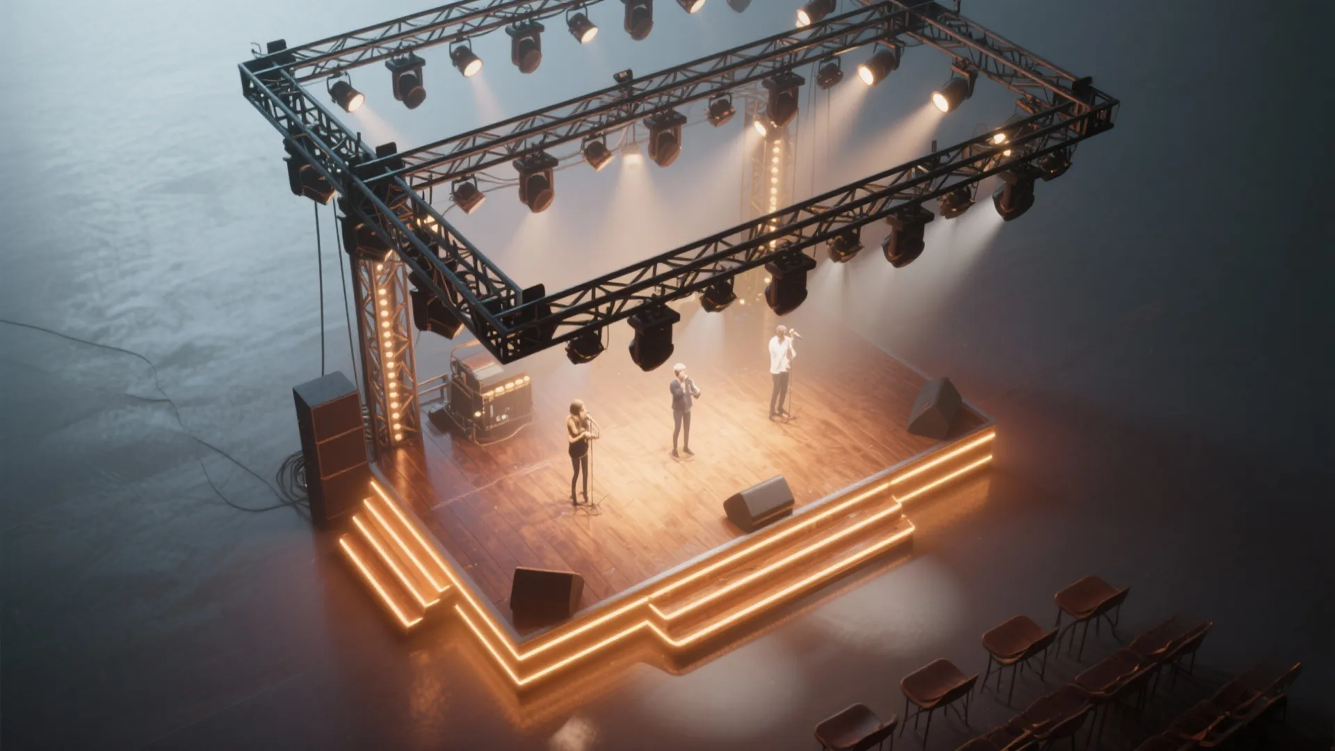 Top view of small wooden stage with performers under a metal frame holding many spotlights
