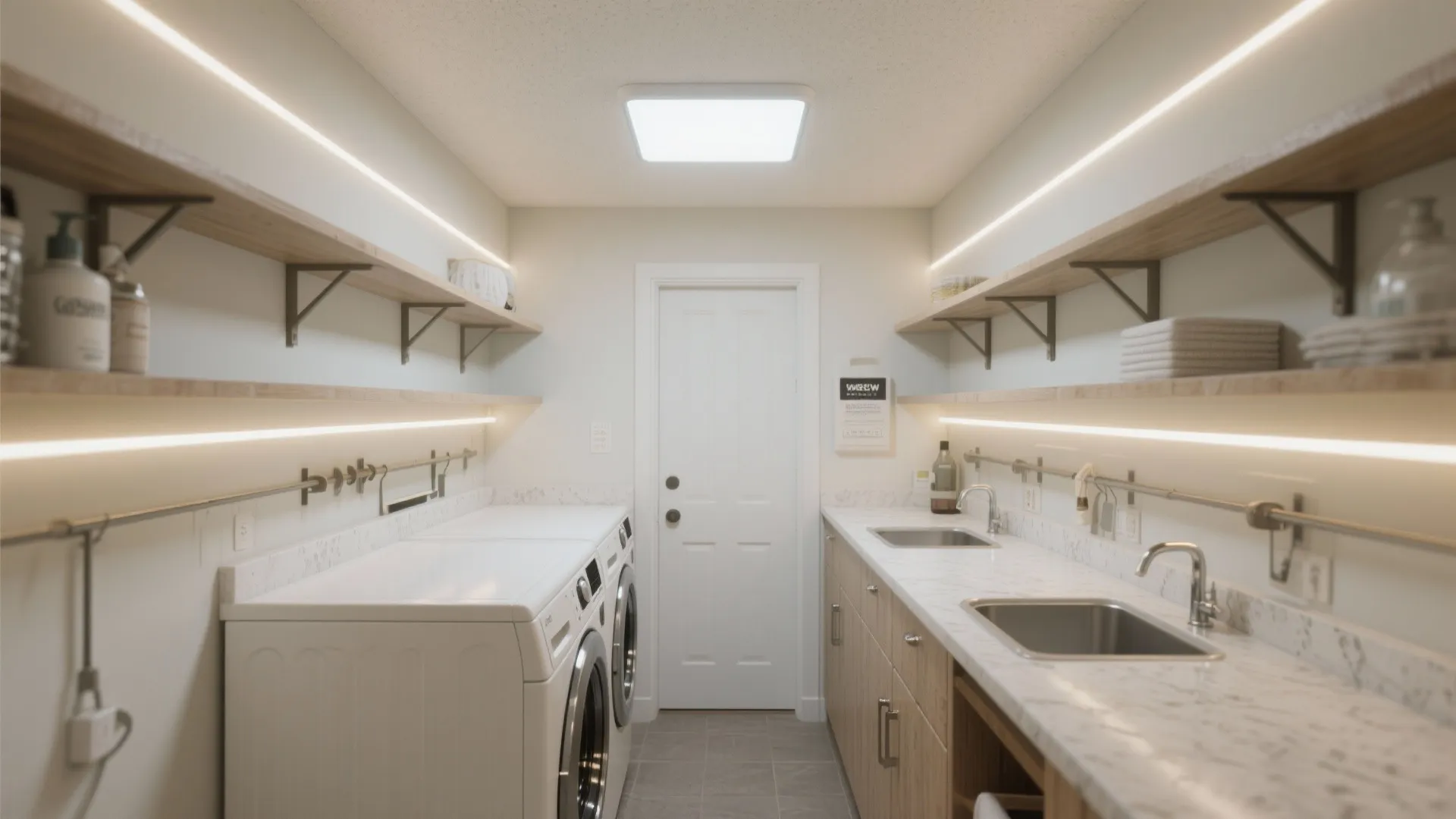 Spacious laundry room with marble counters wooden cabinets led shelf lighting and white washing machines