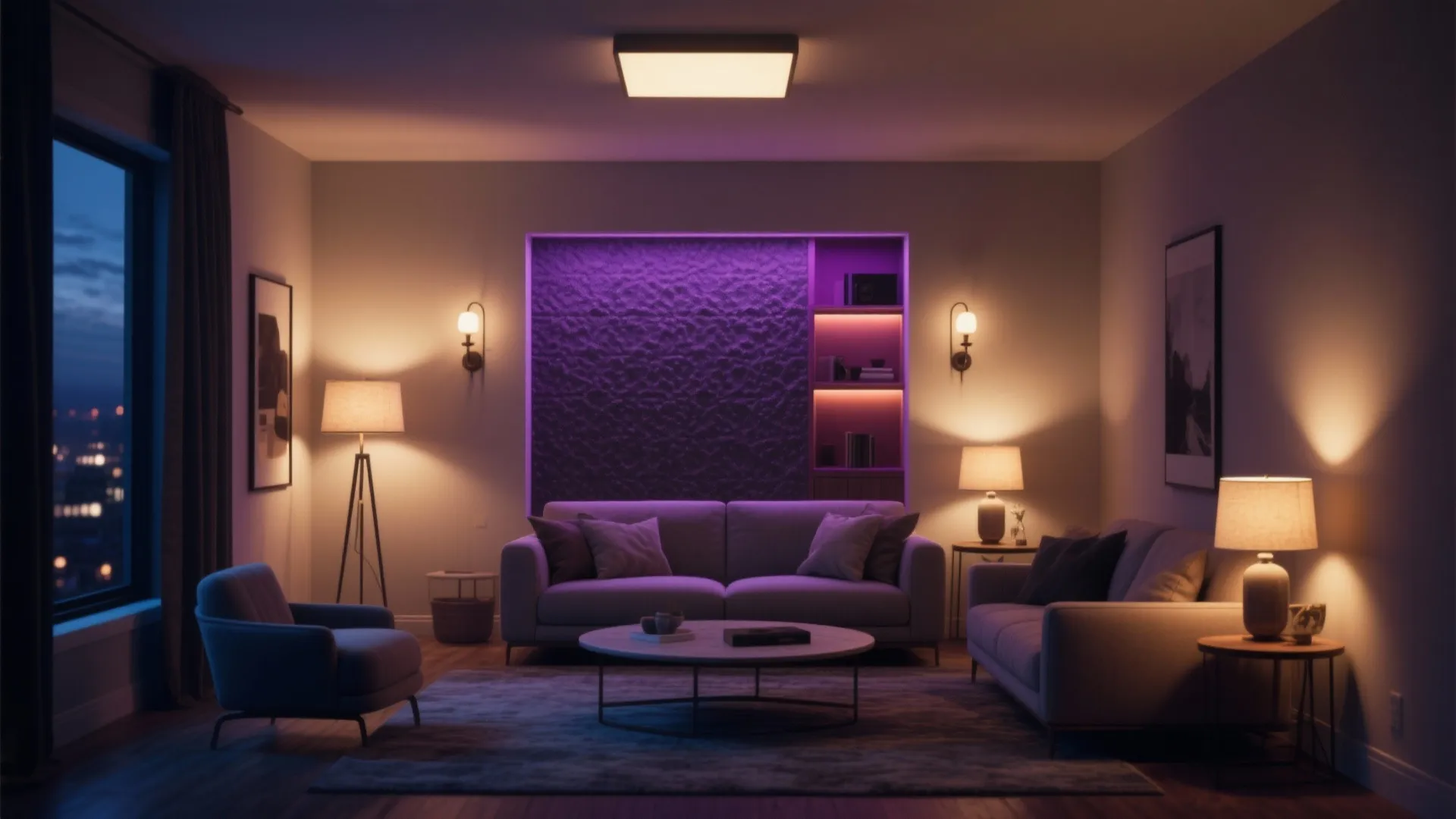 Living room interior featuring purple accent wall lights ceiling light floor lamps and cozy grey sofas