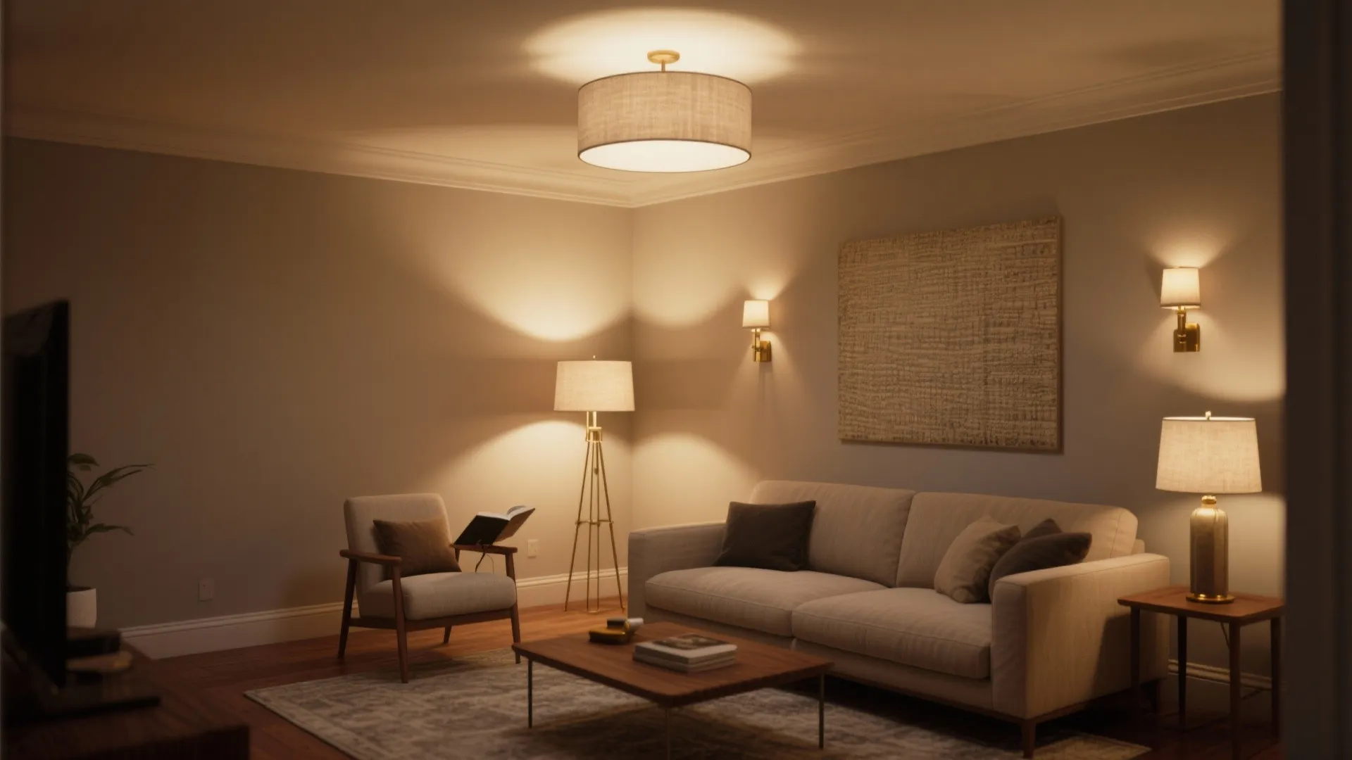 Cozy living room with ceiling light floor lamp wall lights and table lamp for warm atmosphere
