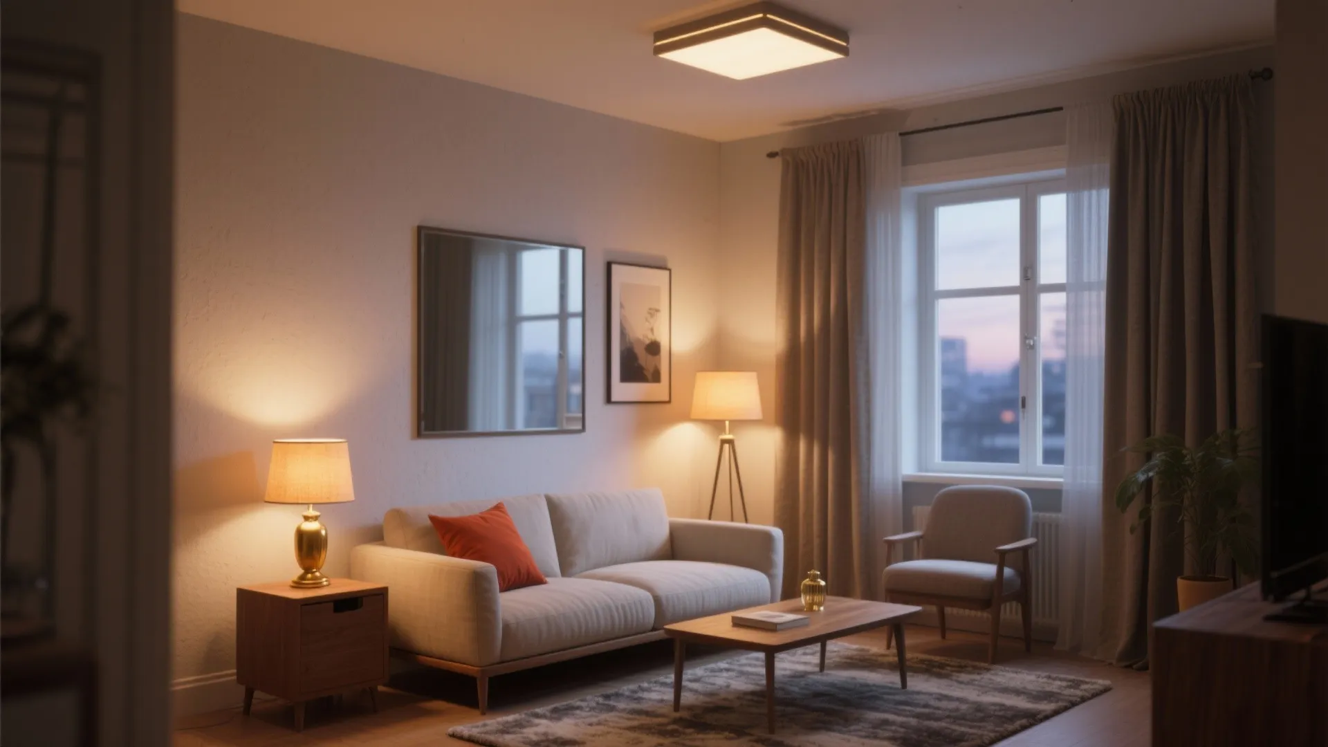 Warm living room featuring a ceiling light floor lamp and table lamp with a grey sofa