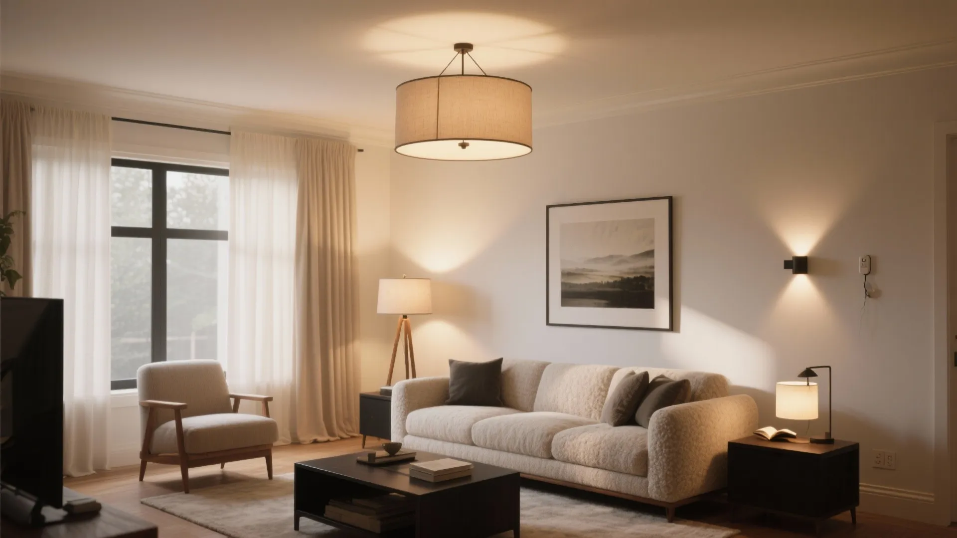 Warm living room featuring a ceiling light floor lamp wall light and cream colored sofa