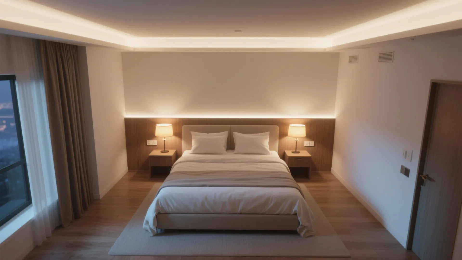 Modern bedroom featuring warm hidden ceiling lights table lamps wood wall panel and large windows