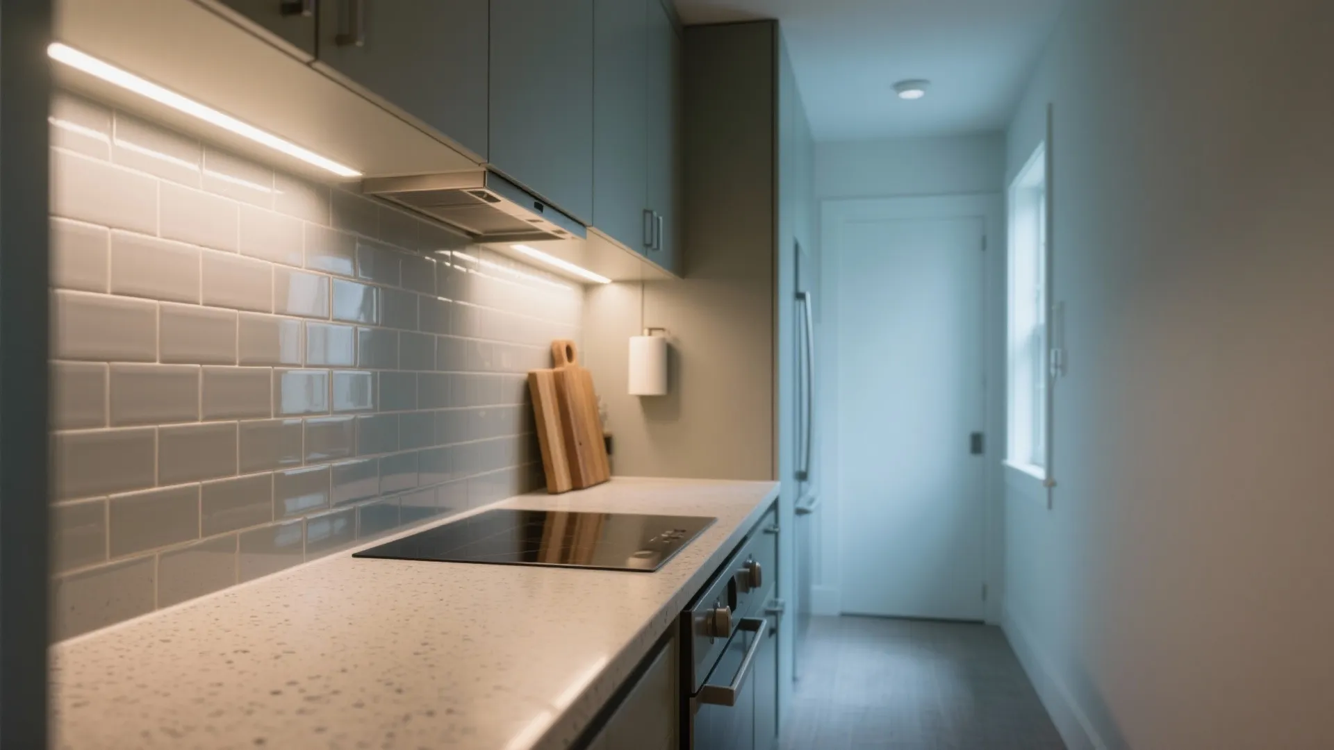 Kitchen countertop with black stove top featuring bright under cabinet light fixture and grey backsplash
