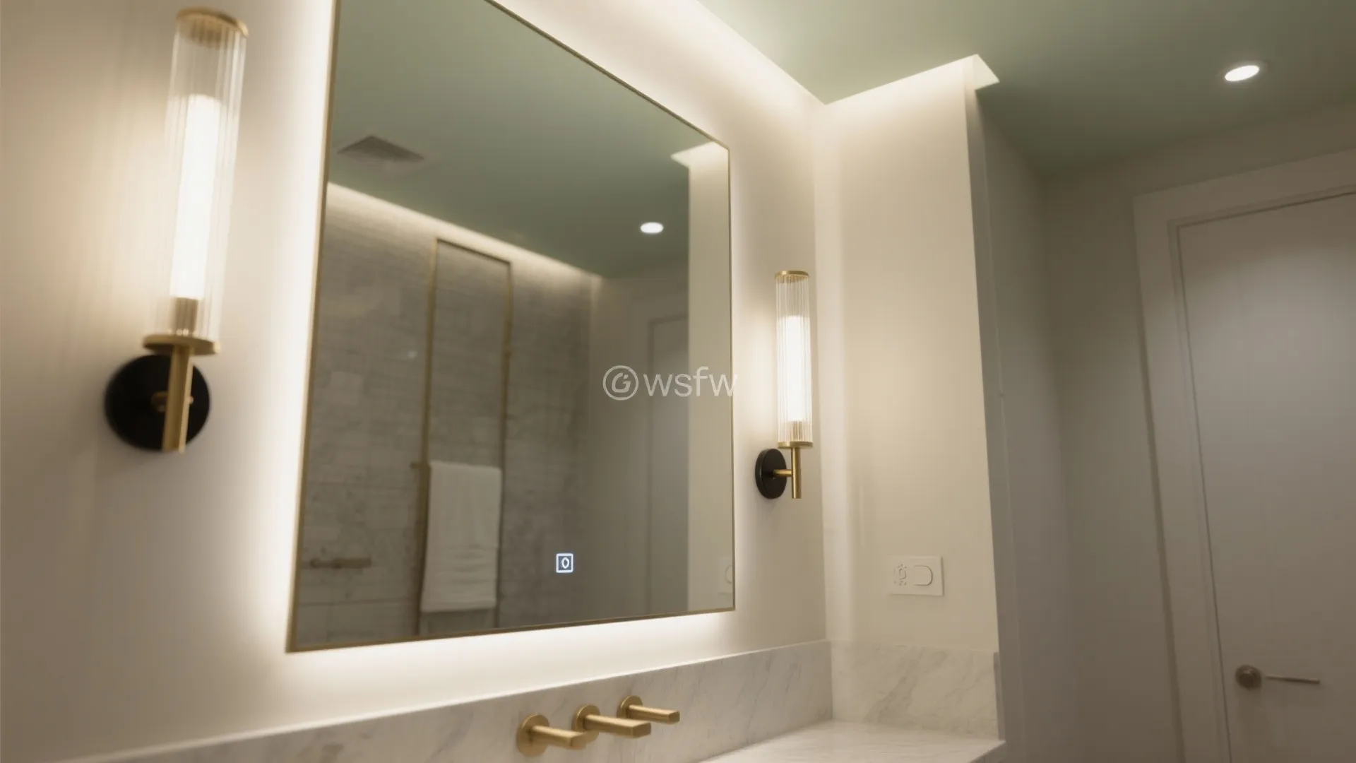Modern bathroom mirror with built in backlight and two gold wall lights on white walls