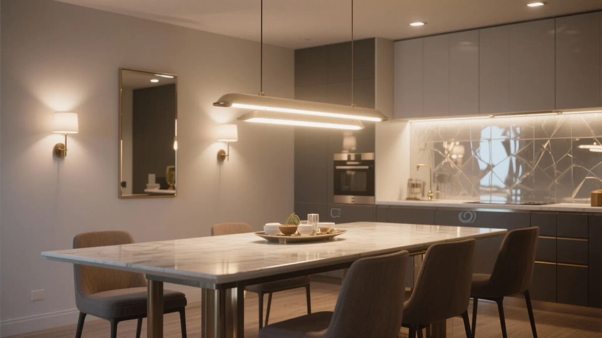 Dining area lit by a pendant, wall sconces and reflective surfaces that expand daylight around an extendable table.