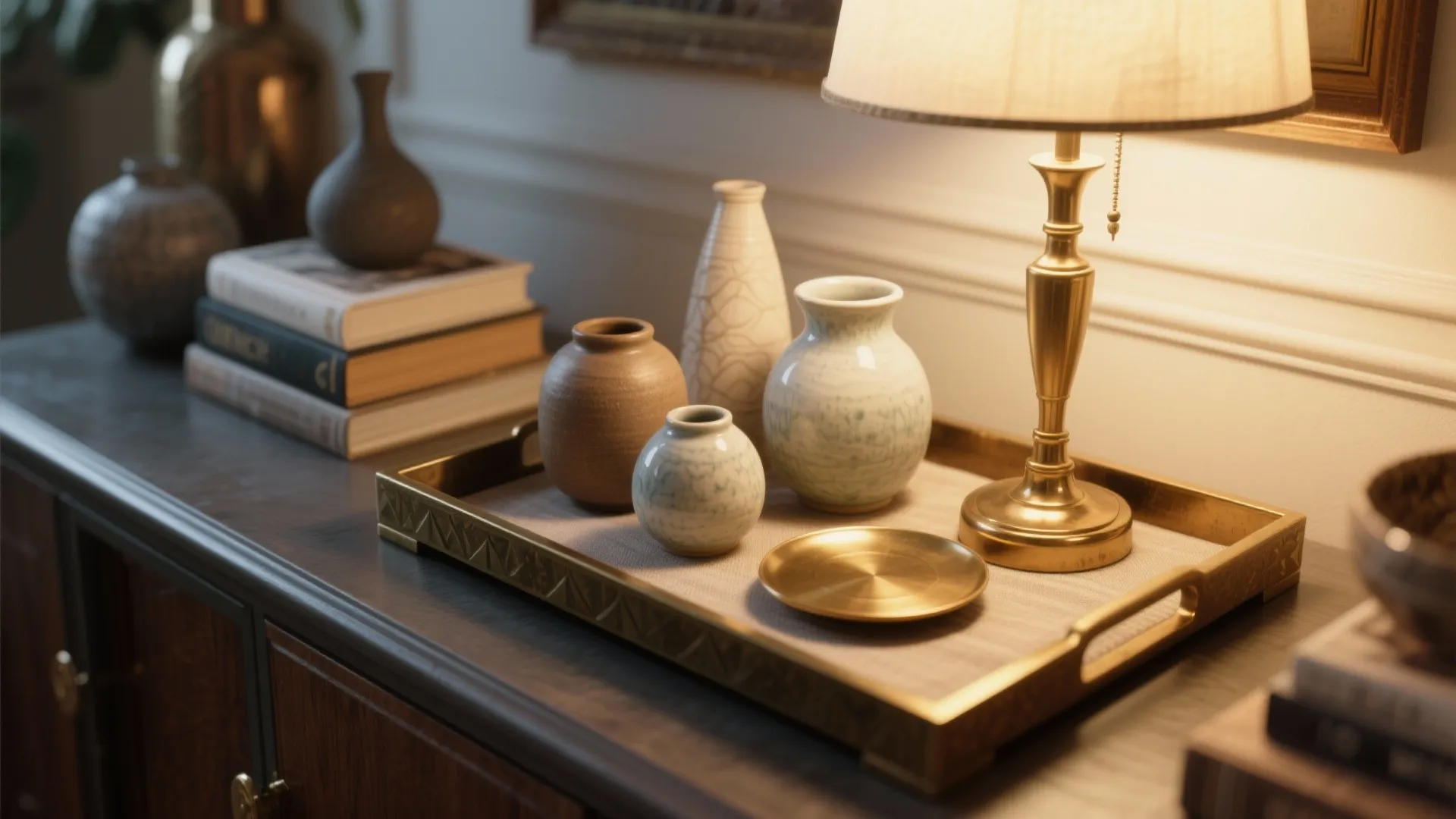 Table lamp with a cream shade lighting a gold tray with small vases and stacked books