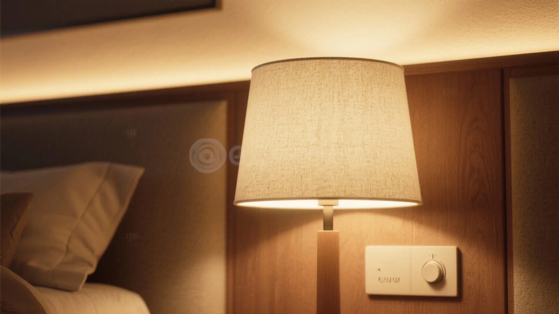 Close-up of a warm bedside lamp, dimmer switch and layered lighting in a calming bedroom.