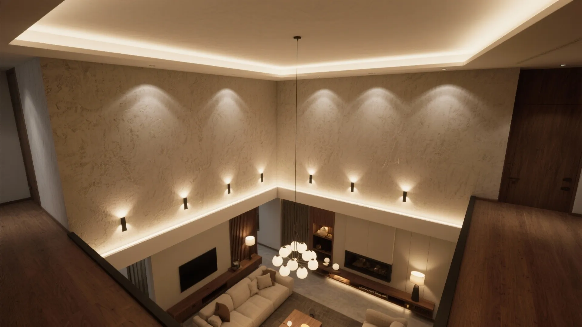 Double height living room with sofa and many wall lights creating warm layers of light