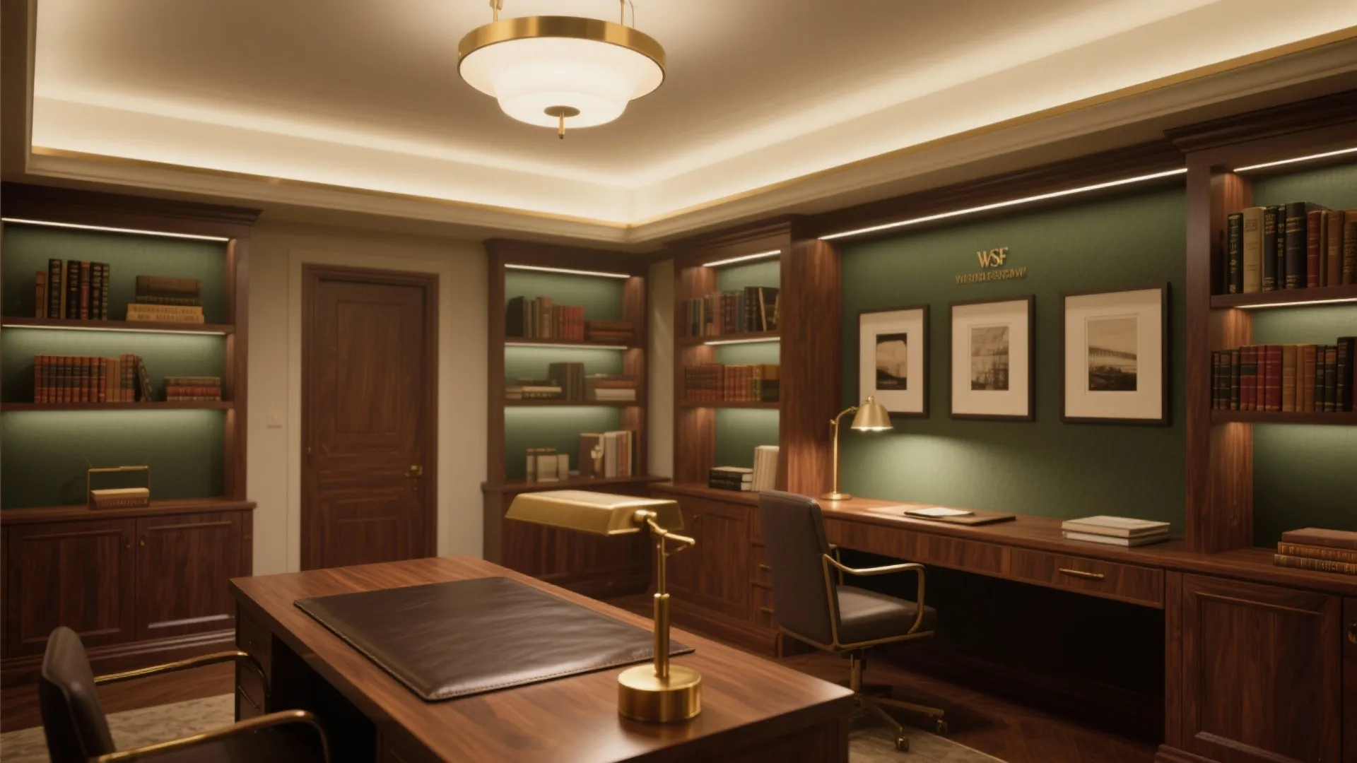 Professional study room with dark wood bookshelves green walls leather desk pads and gold desk lamps