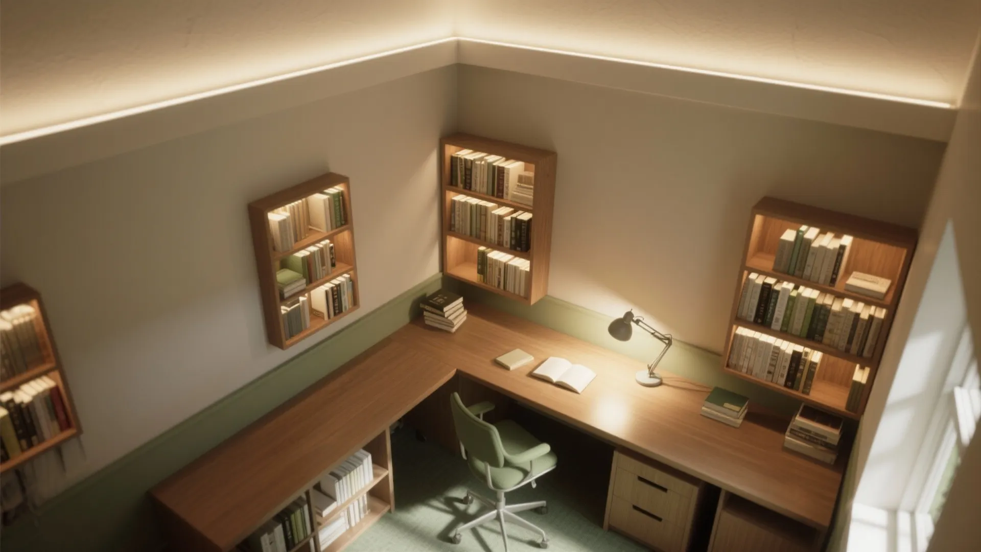 Corner wooden desk with green chair and books under warm light in cozy home study