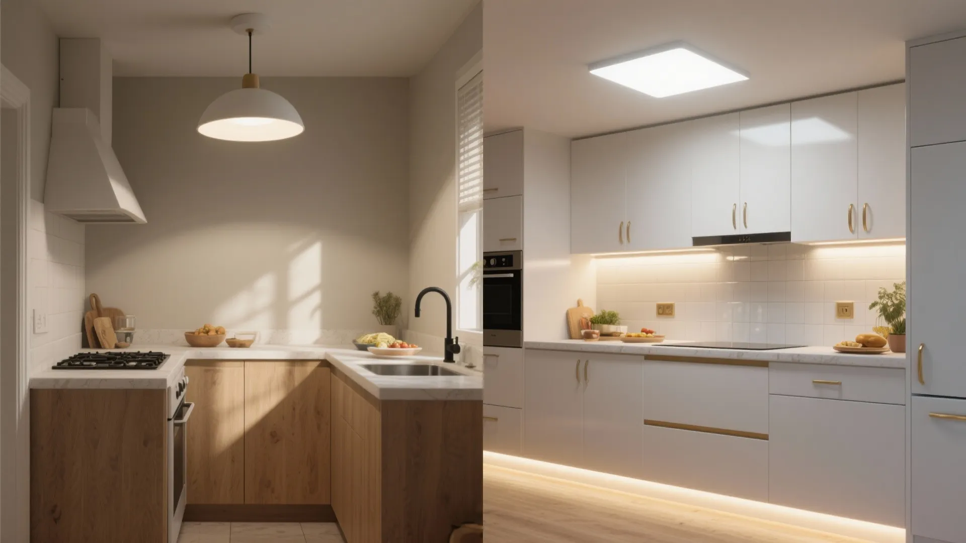Modern kitchen interior design showing two different lighting options with white and wood cabinet styles