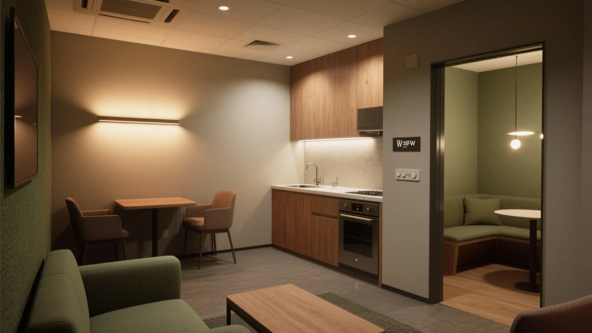 Office breakroom featuring a small kitchen, dining table with chairs, green sofa, and wall light