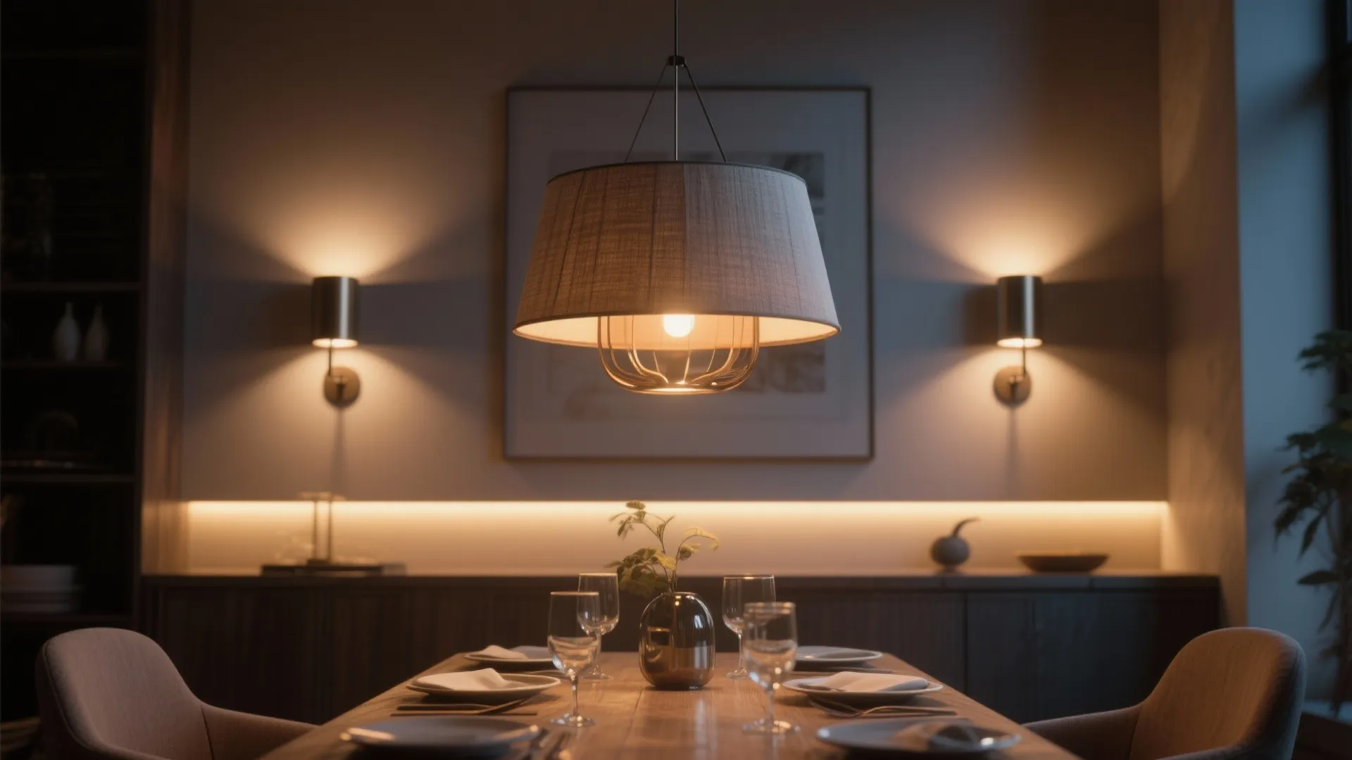 Dining room with a large ceiling light above the table and two warm wall lights