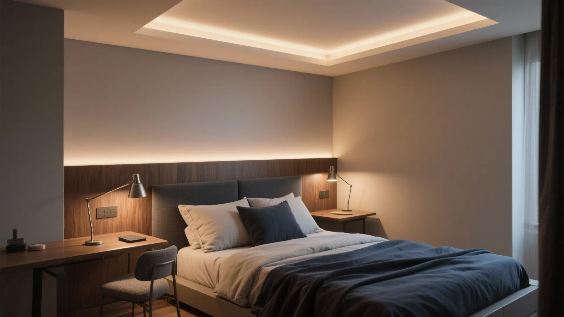 Modern bedroom featuring a dark blue bed warm recessed ceiling lights and two desk lamps