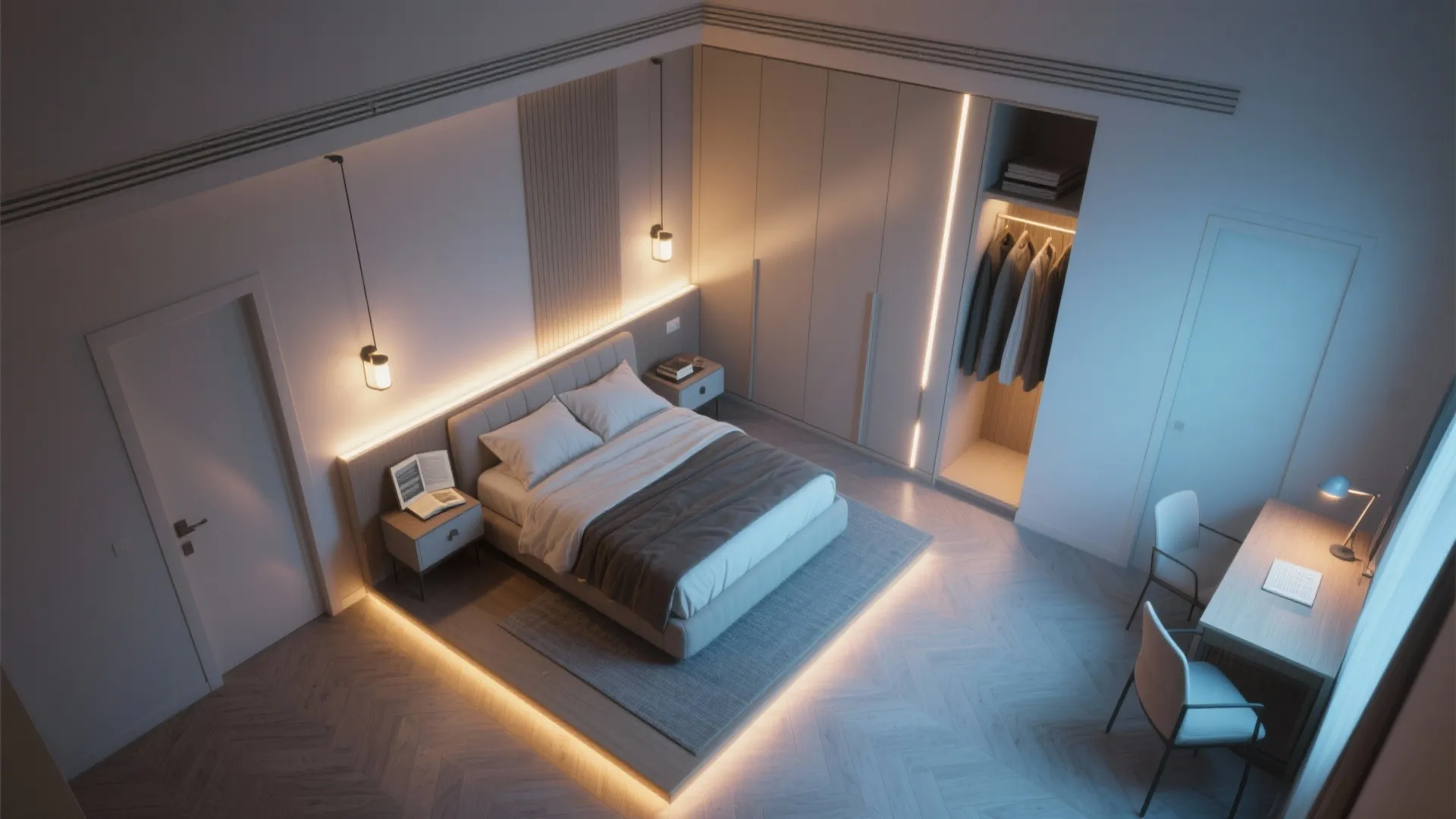 Top view of a modern bedroom with warm hidden light strips and a study desk