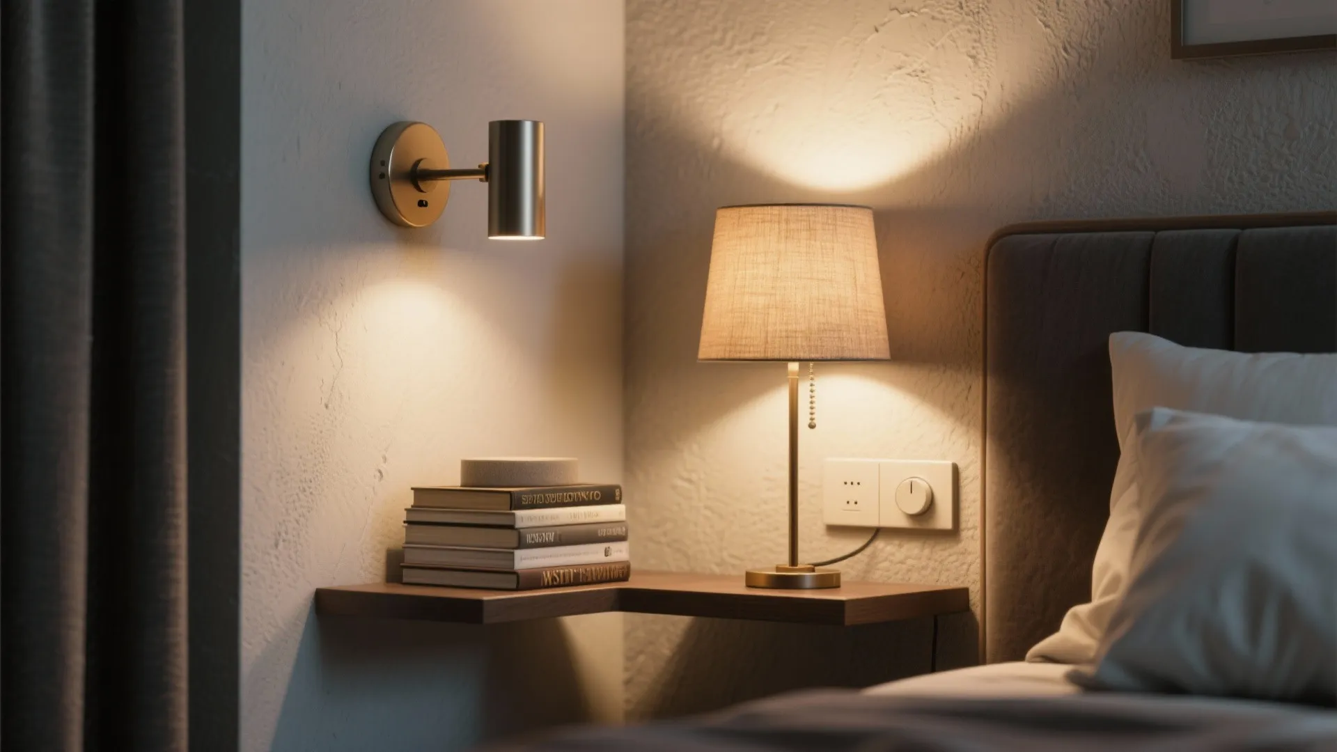 Cozy bedside corner with a metal wall light, table lamp, stacked books on wooden shelf