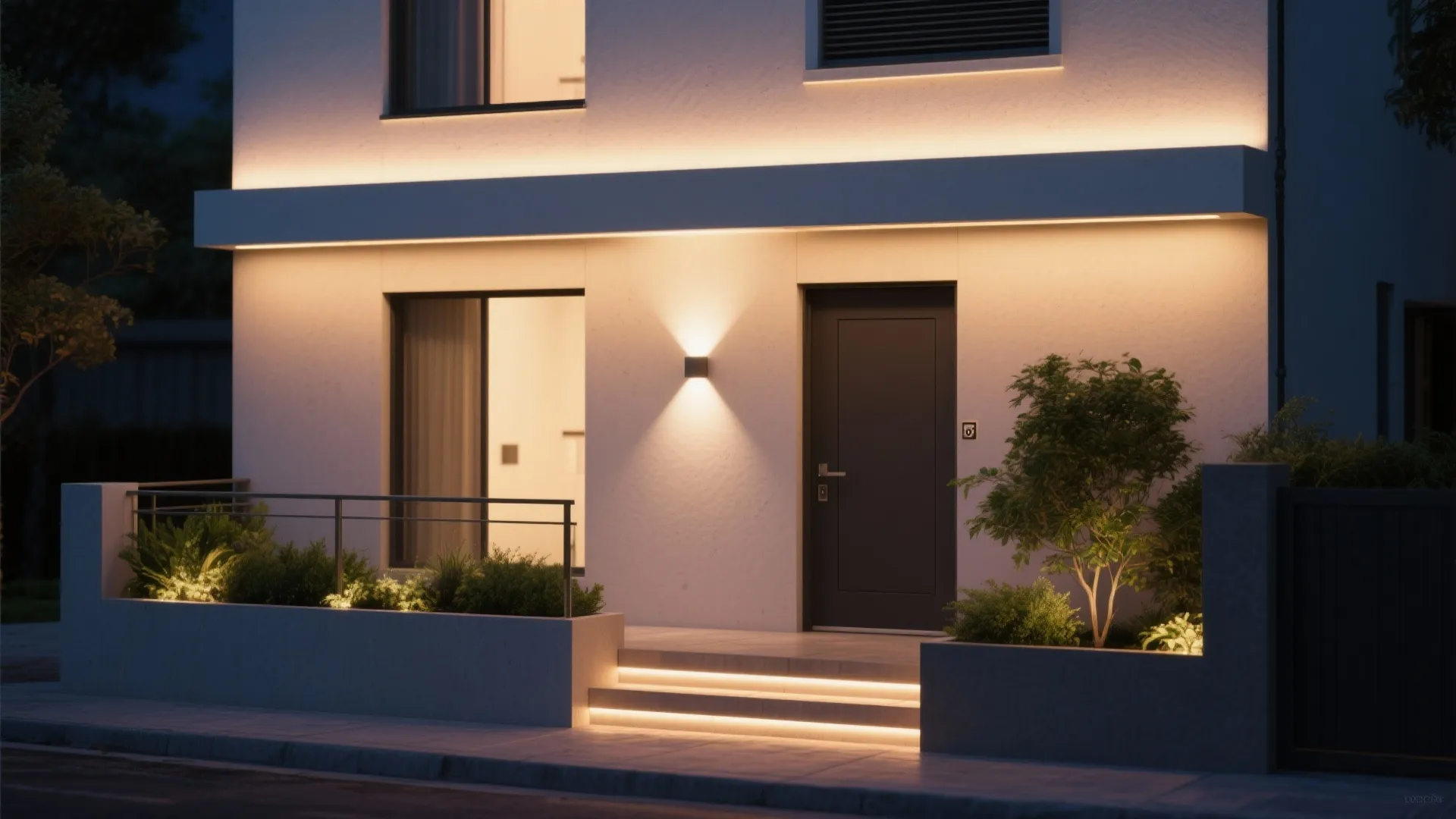 Modern house entrance at night with warm light strips wall light dark door and green plants