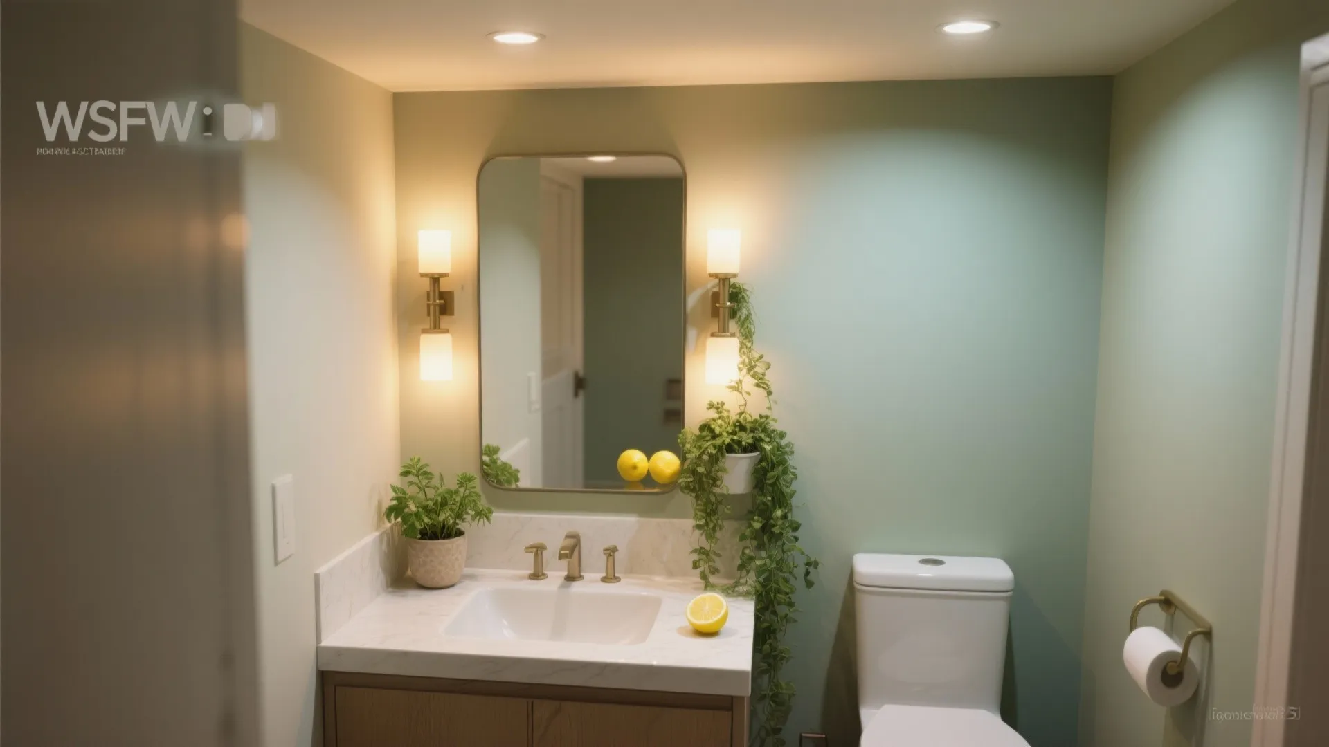 Small green bathroom with marble sink white toilet mirror two wall lights and hanging green plant