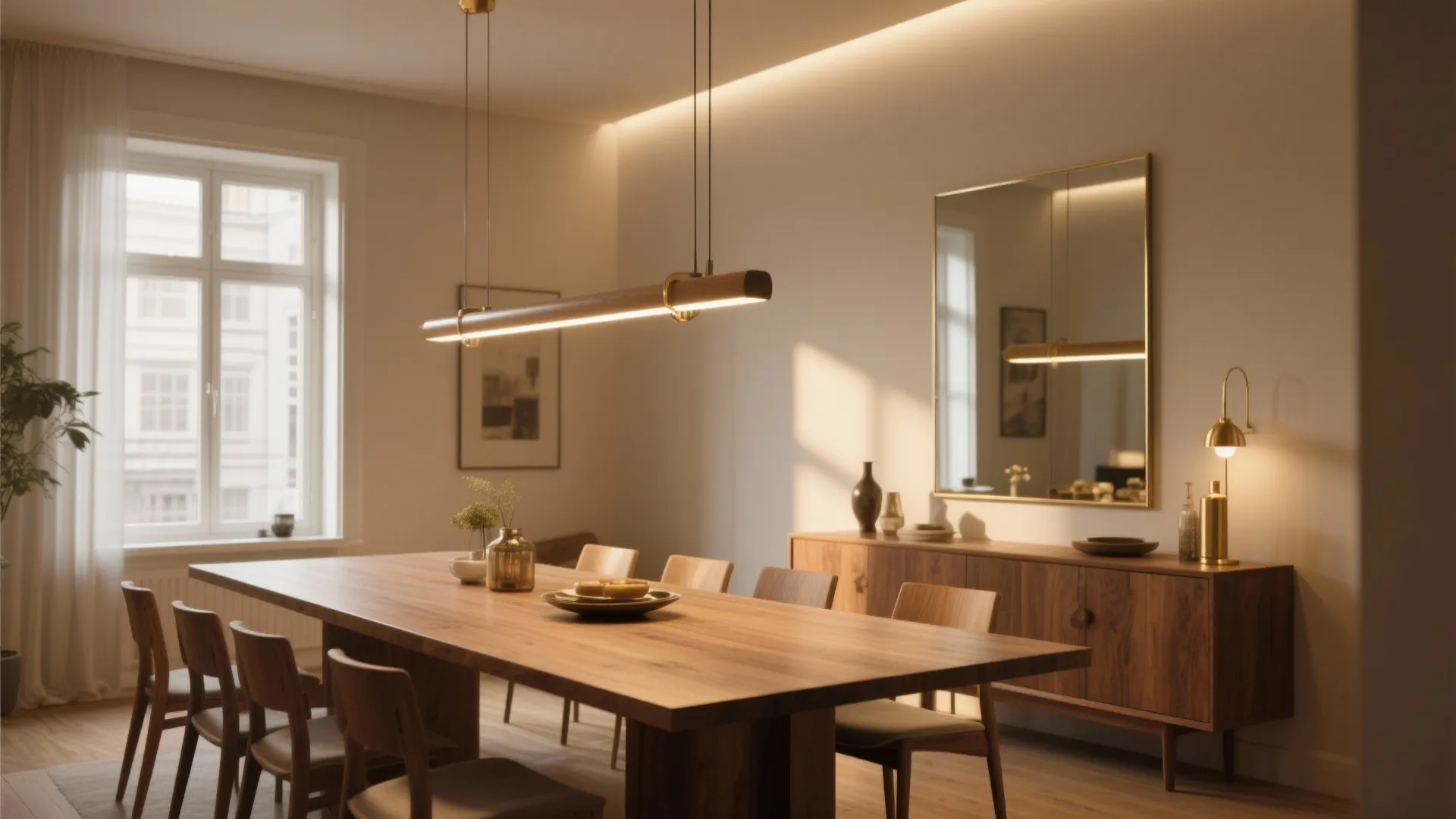 Warm dining room featuring wooden table chairs cabinet mirror long ceiling light and soft natural light
