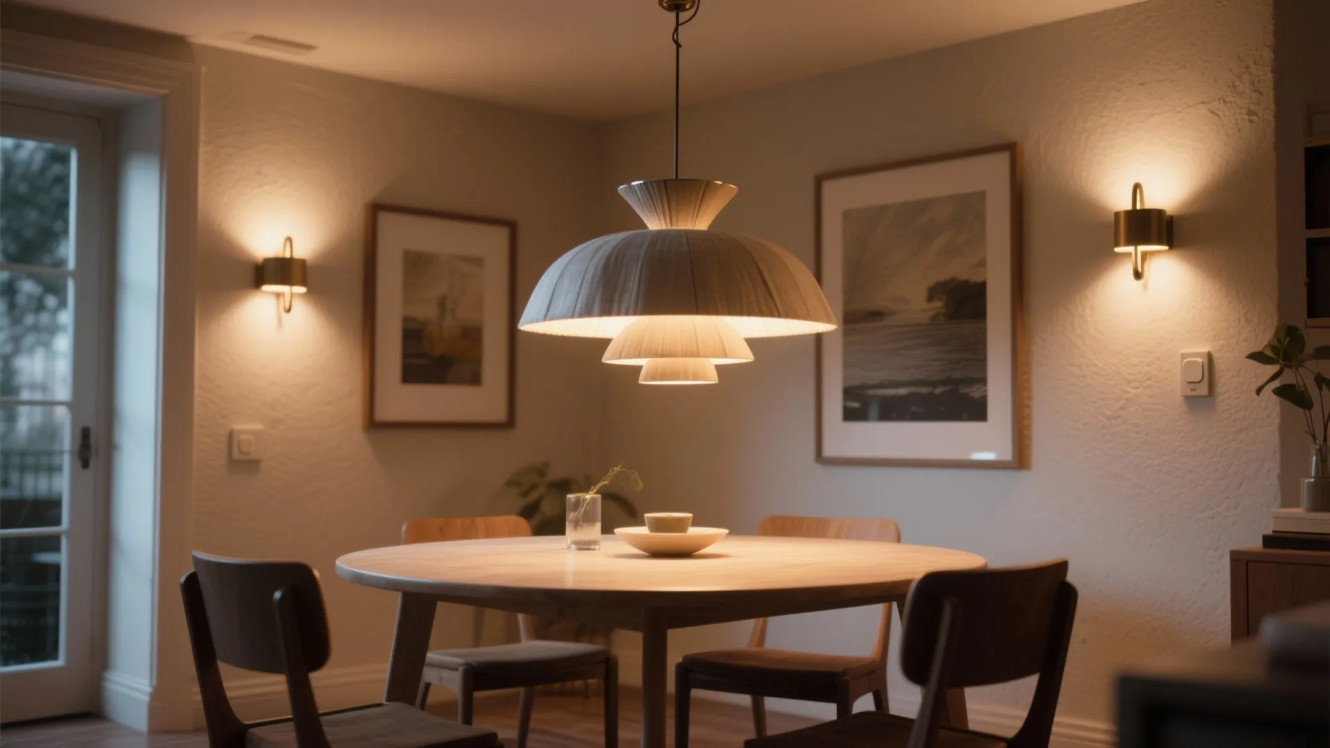 Wooden round dining table with large ceiling light two wall lights and framed wall art