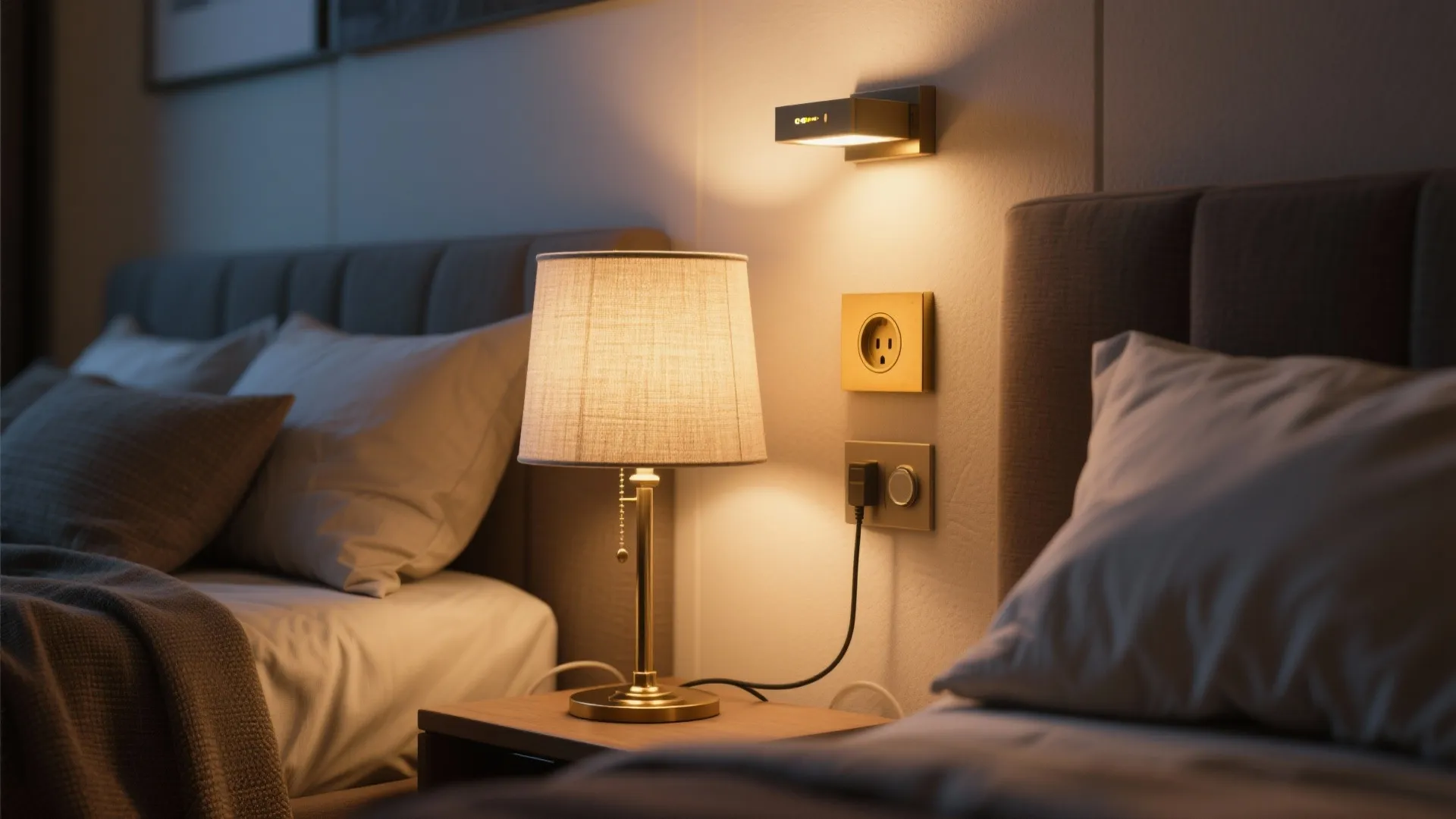 Cozy bedroom with a table lamp and wall light near a bed with grey pillows