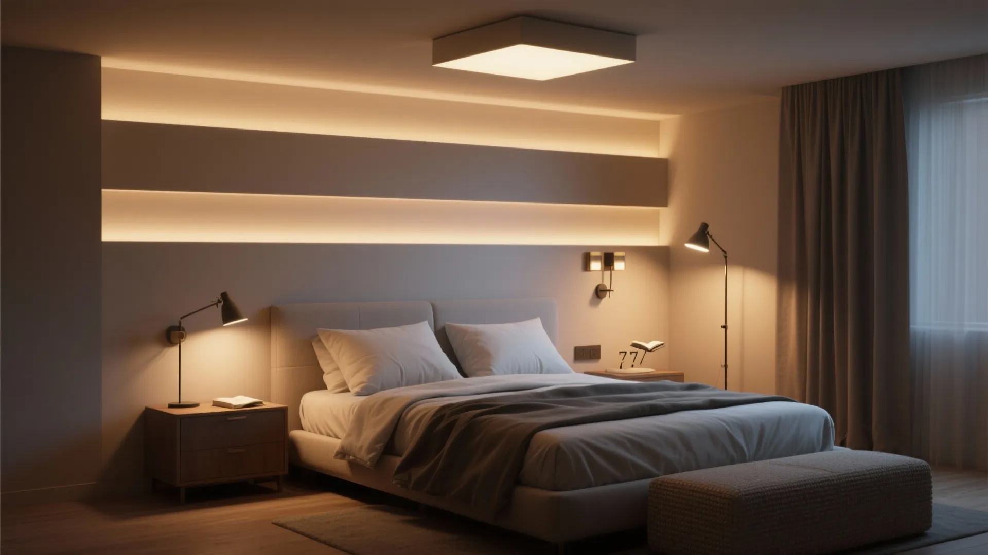 Warm bedroom with ceiling light hidden wall lights floor lamp and grey bed with pillows