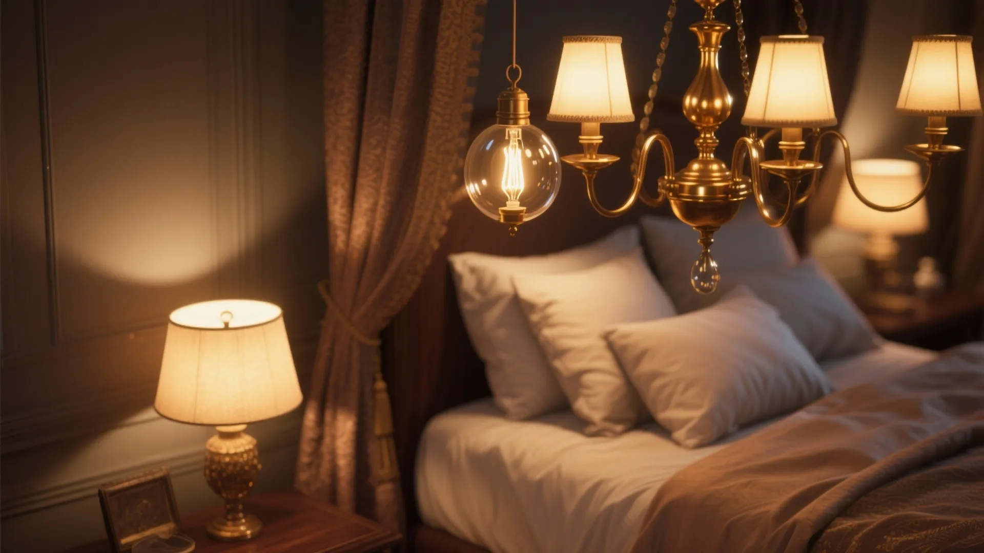 Cozy bedroom lighting including a gold ceiling light fixture warm table lamp and soft natural light