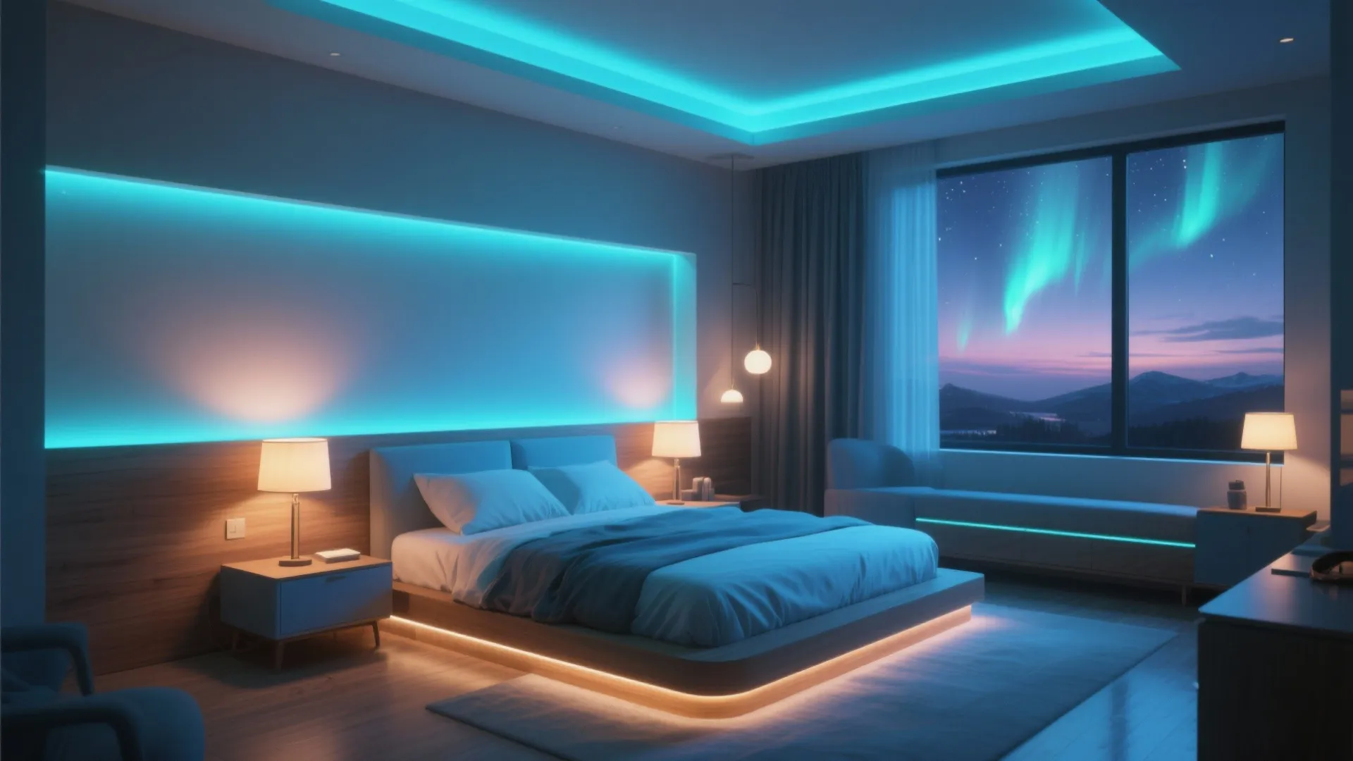 Modern bedroom featuring blue ceiling lights, bedside lamps, and large window with mountain night view