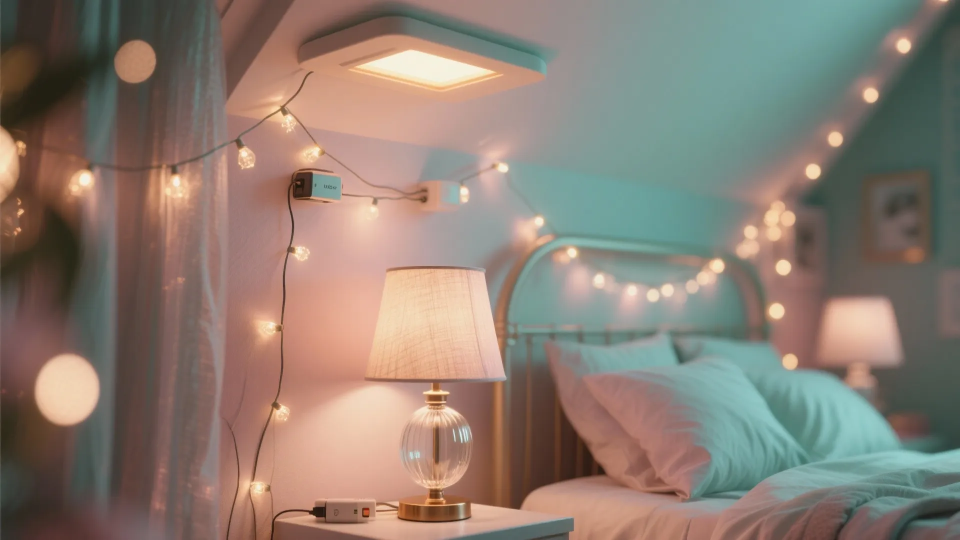 Cozy bedroom with string lights on wall plus table lamp and warm square ceiling light