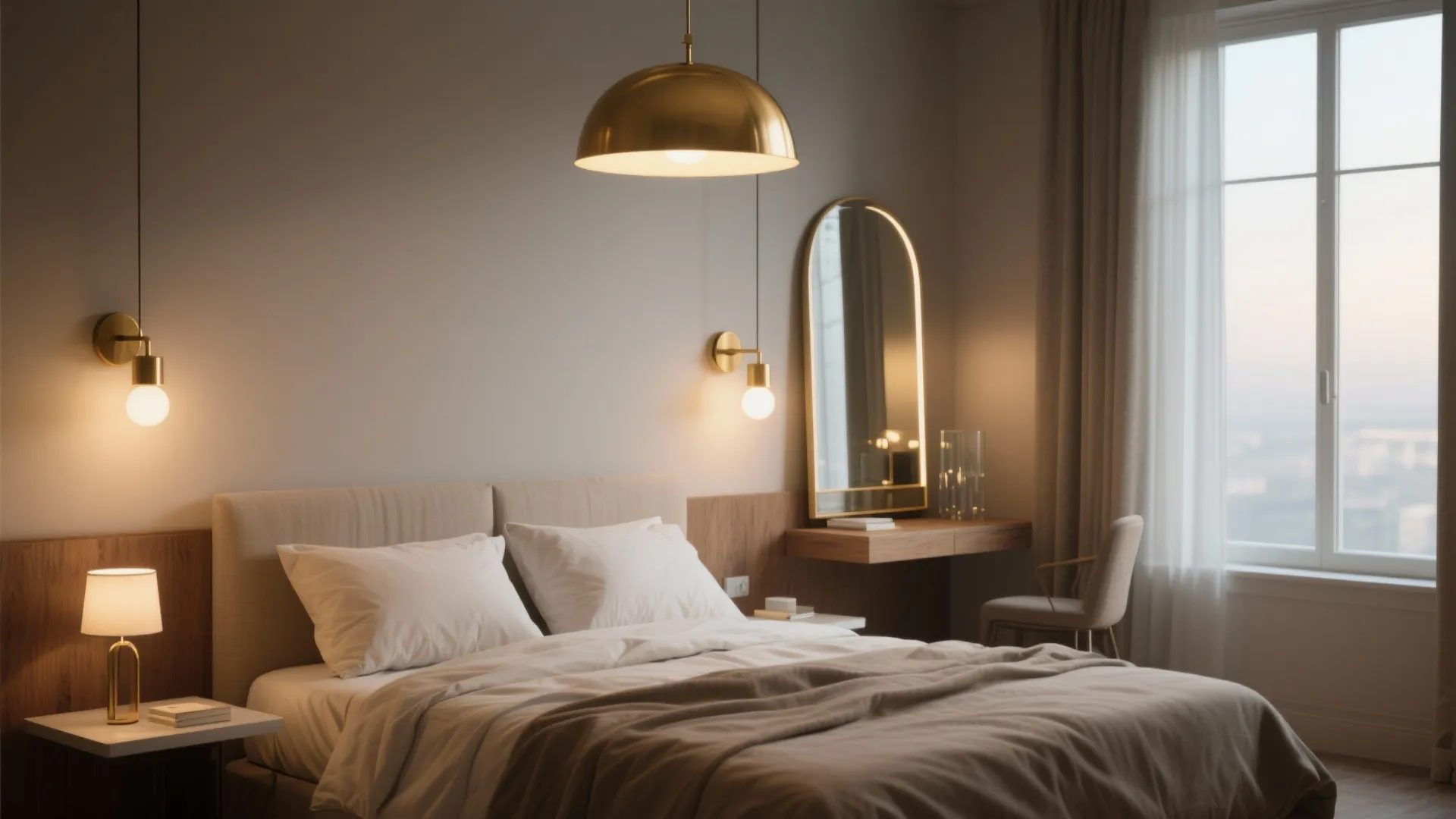 Warm bedroom with gold ceiling light wall lights bedside lamp mirror and soft neutral bedding