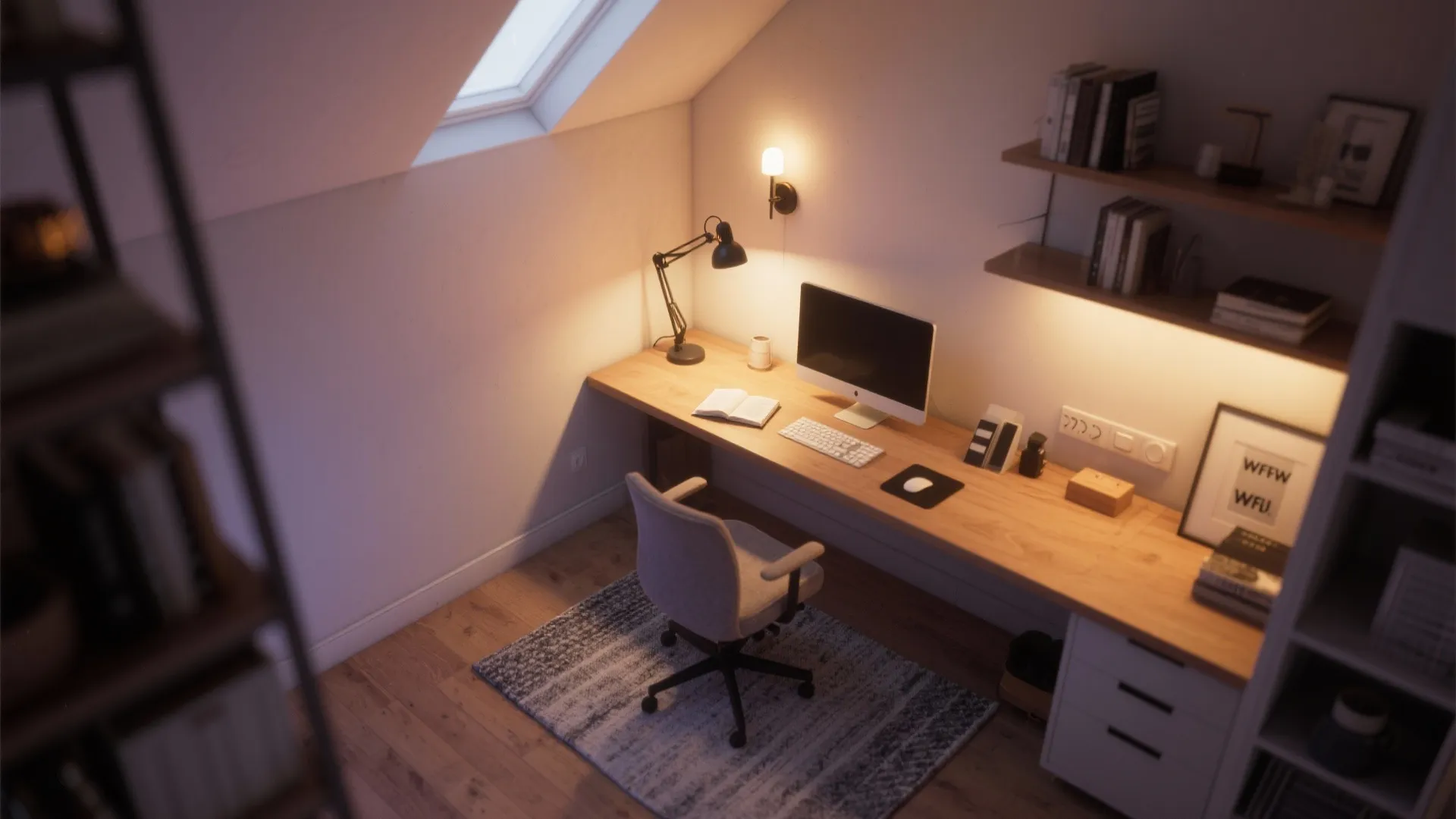 Small home office under roof window with wooden desk white chair and warm wall light fixture