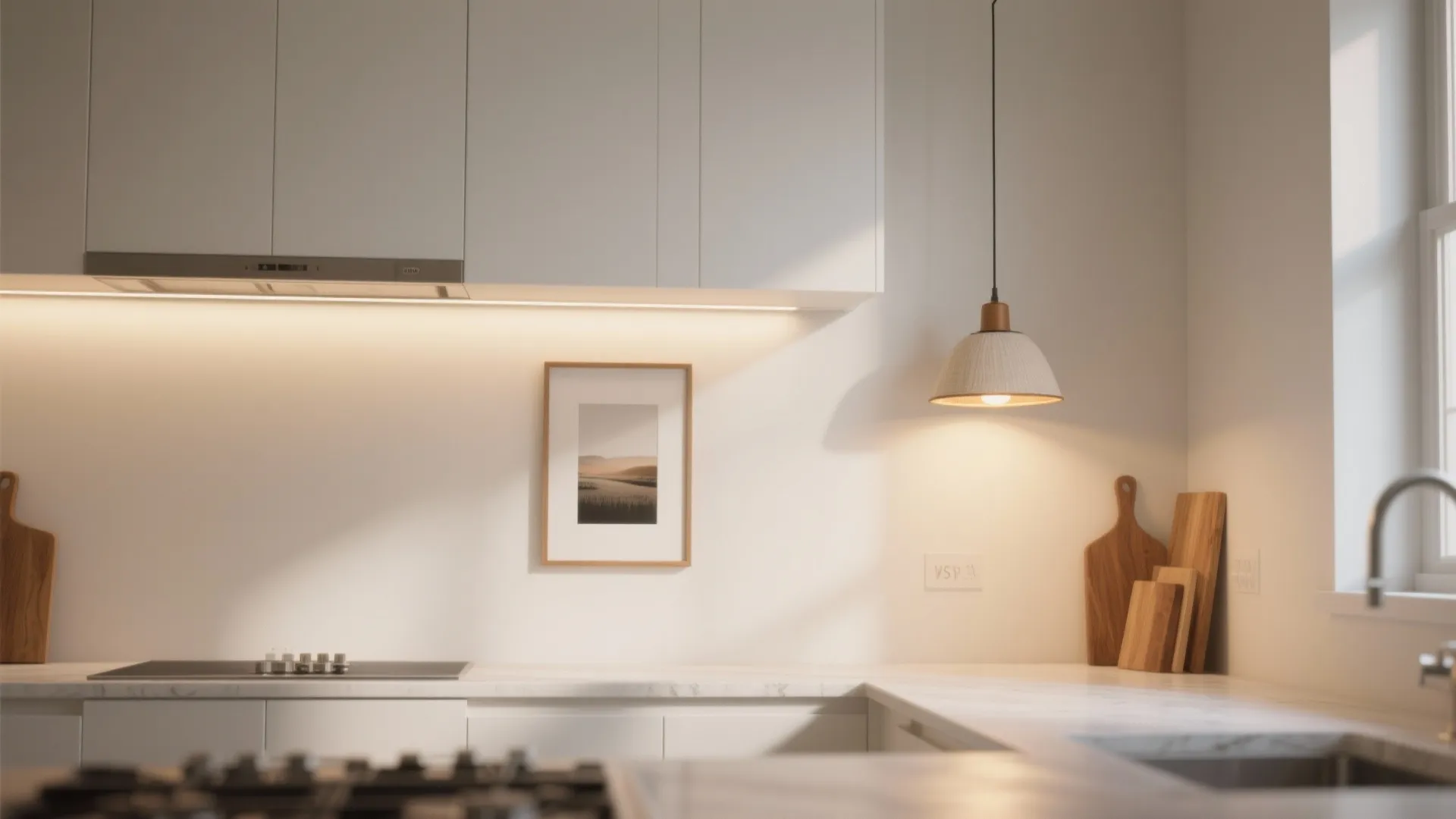 Modern white kitchen with warm cabinet lights a small hanging light and wooden cutting boards