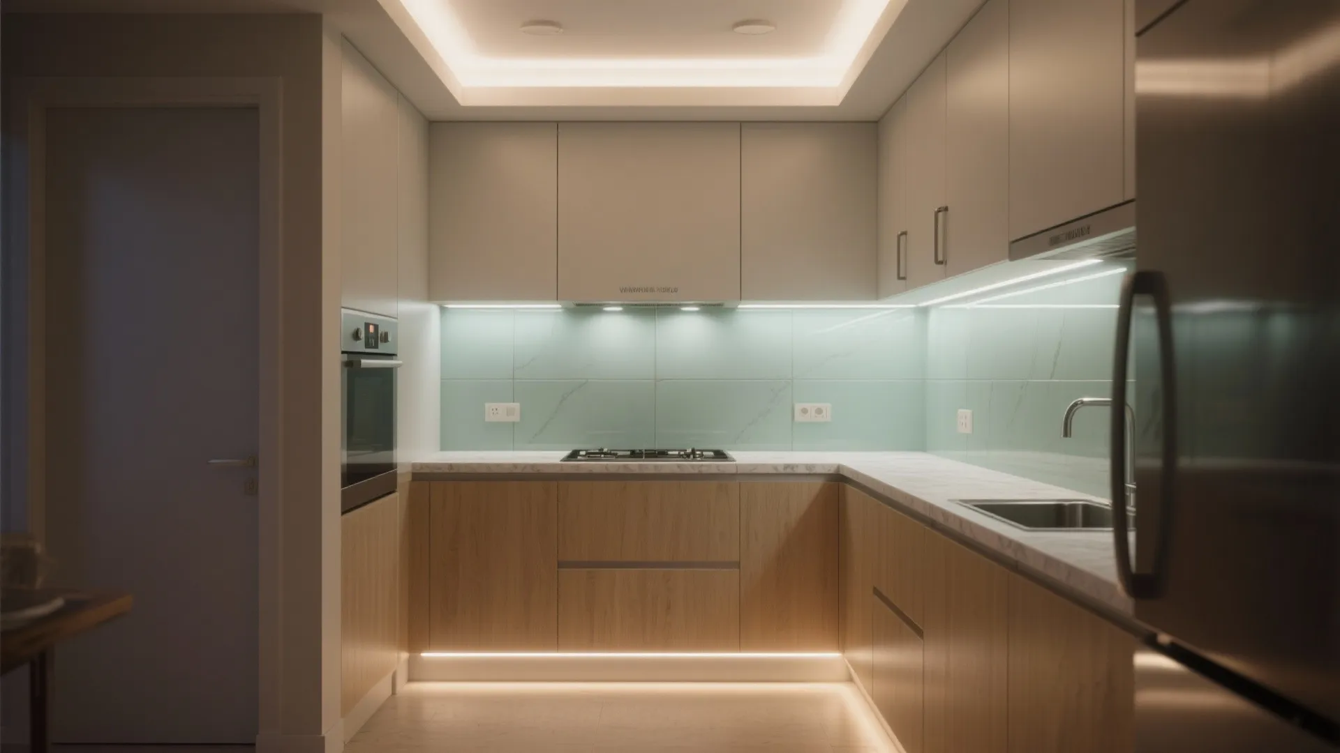 Small kitchen with wooden cabinets featuring bright white light fixtures under wall units and ceiling light