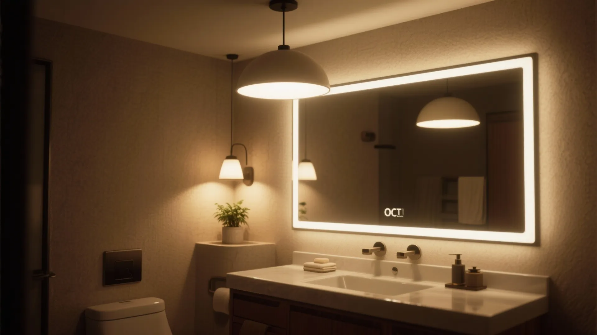 Modern bathroom with glowing mirror light and warm ceiling light above white sink and wood cabinet